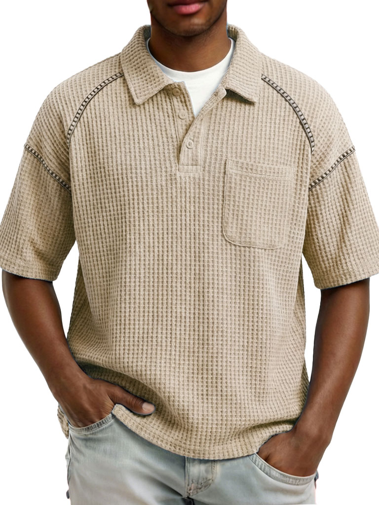 Men's Fashion Retro Raglan Waffle Gown Short-Sleeve Polo Shirt
