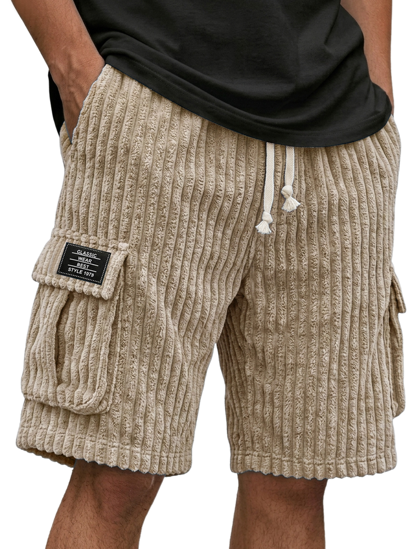Men's Corduroy Multi-Pocket Embroidered Logo Casual Cargo Shorts