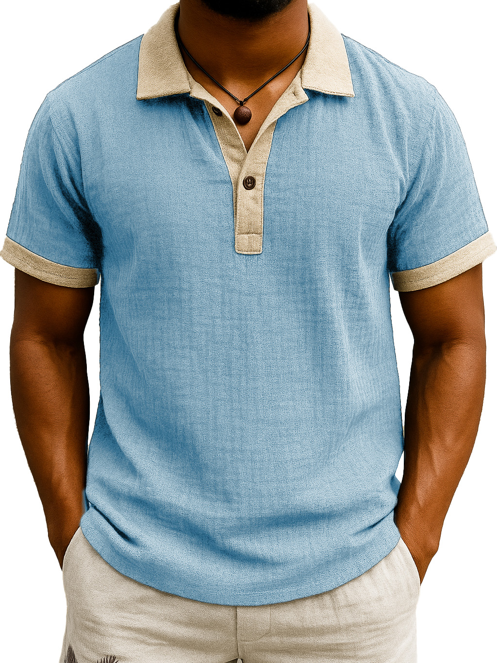 Men's Fashion Retro Hemp Fabric Patchwork Contrast Color Short-sleeved Polo Shirt