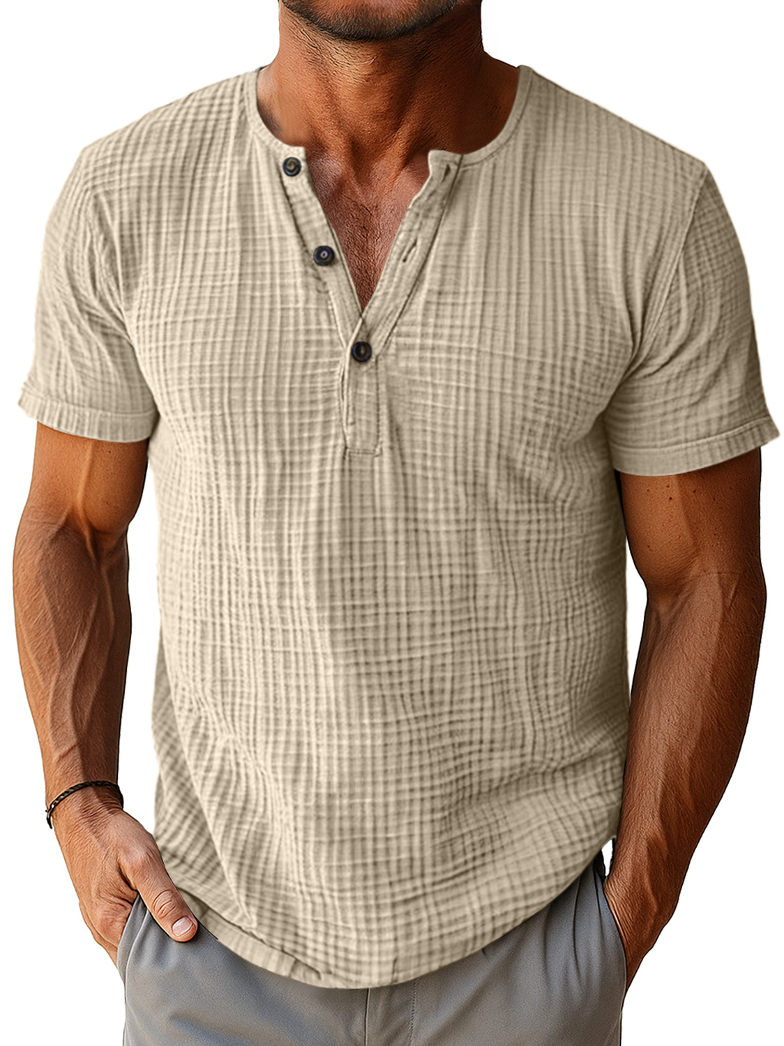 Men's Retro Everyday Pleated Texture Button Solid Color Short Sleeve Henley Shirt