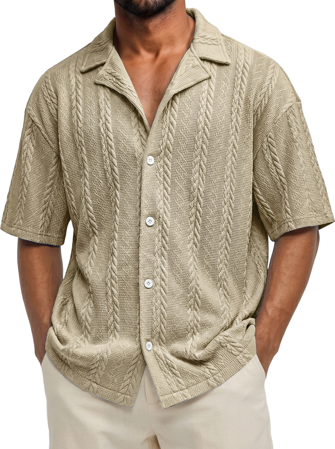 Men's Casual Solid-Color Short-Sleeve Shirt with Jacquard Texture