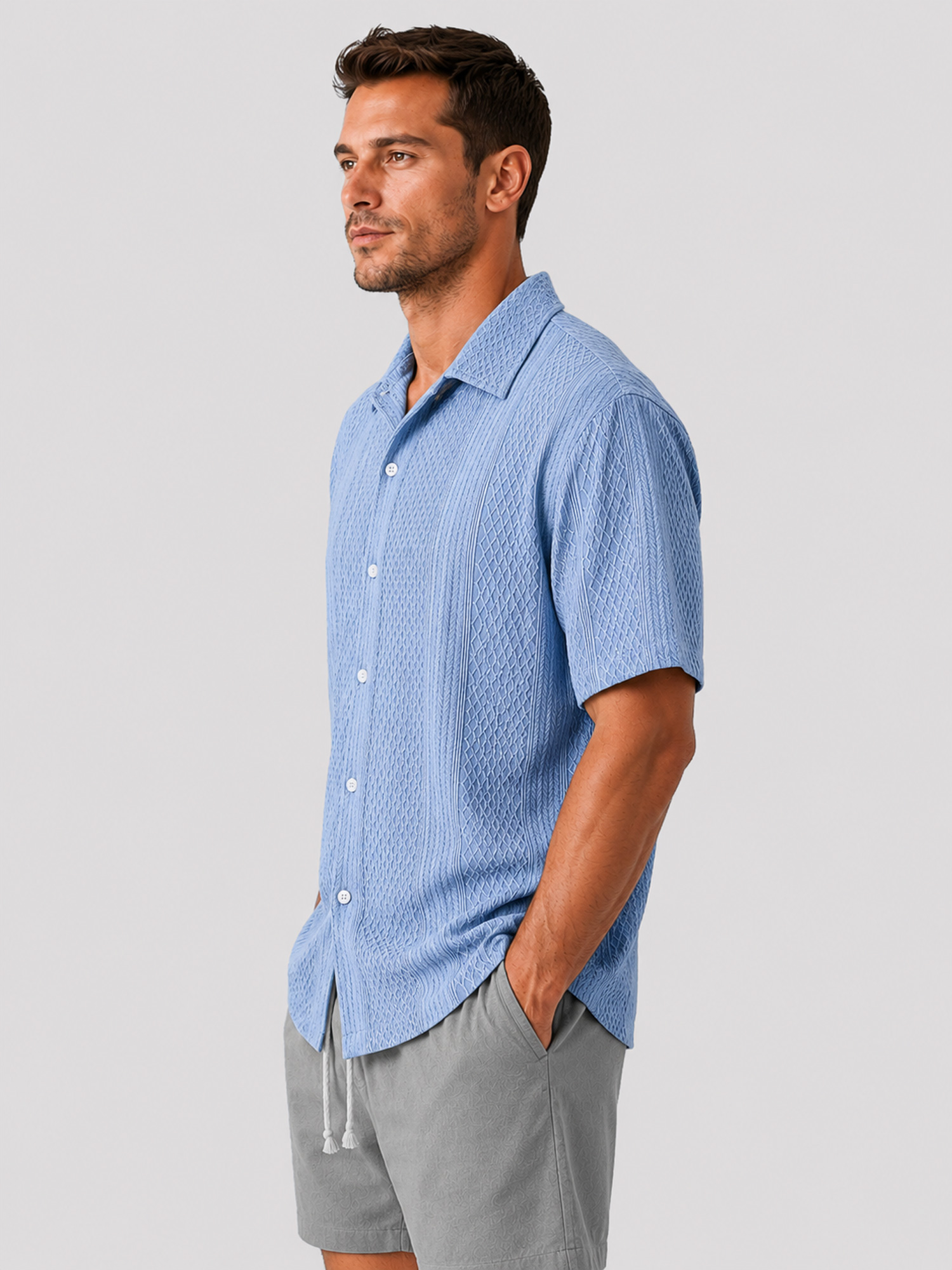 Men's Casual Jacquard Textured Solid Color Short-Sleeve Shirt