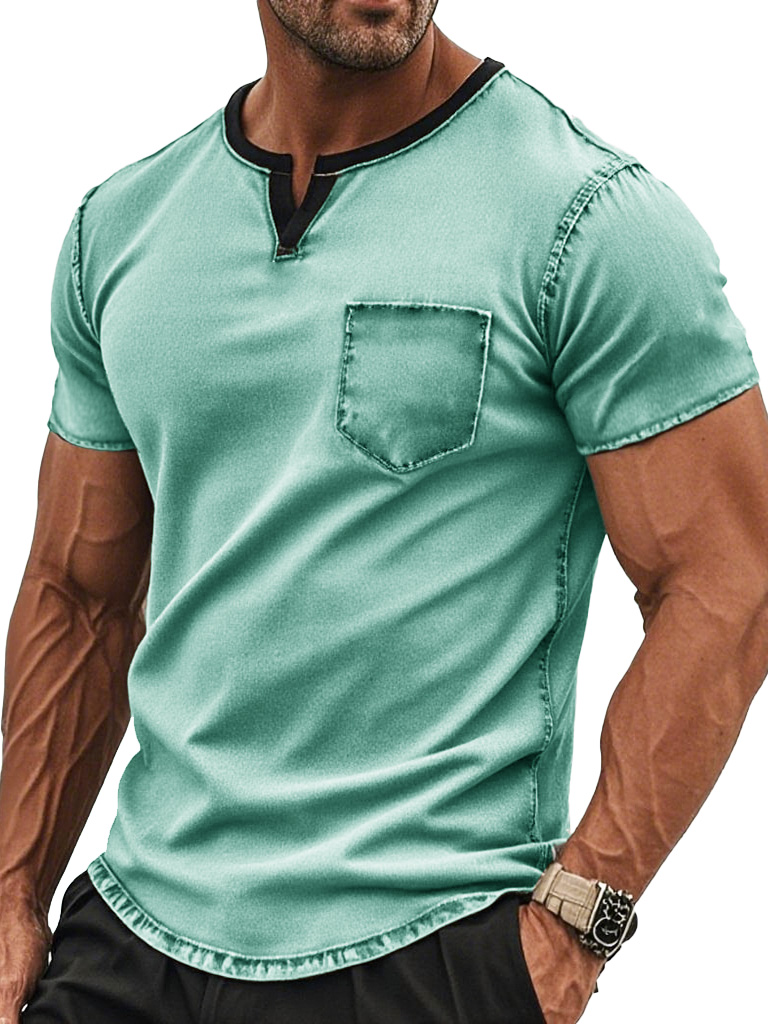 Men's Fashion Retro Pocket V-neck Pocket Short-sleeved T-shirt
