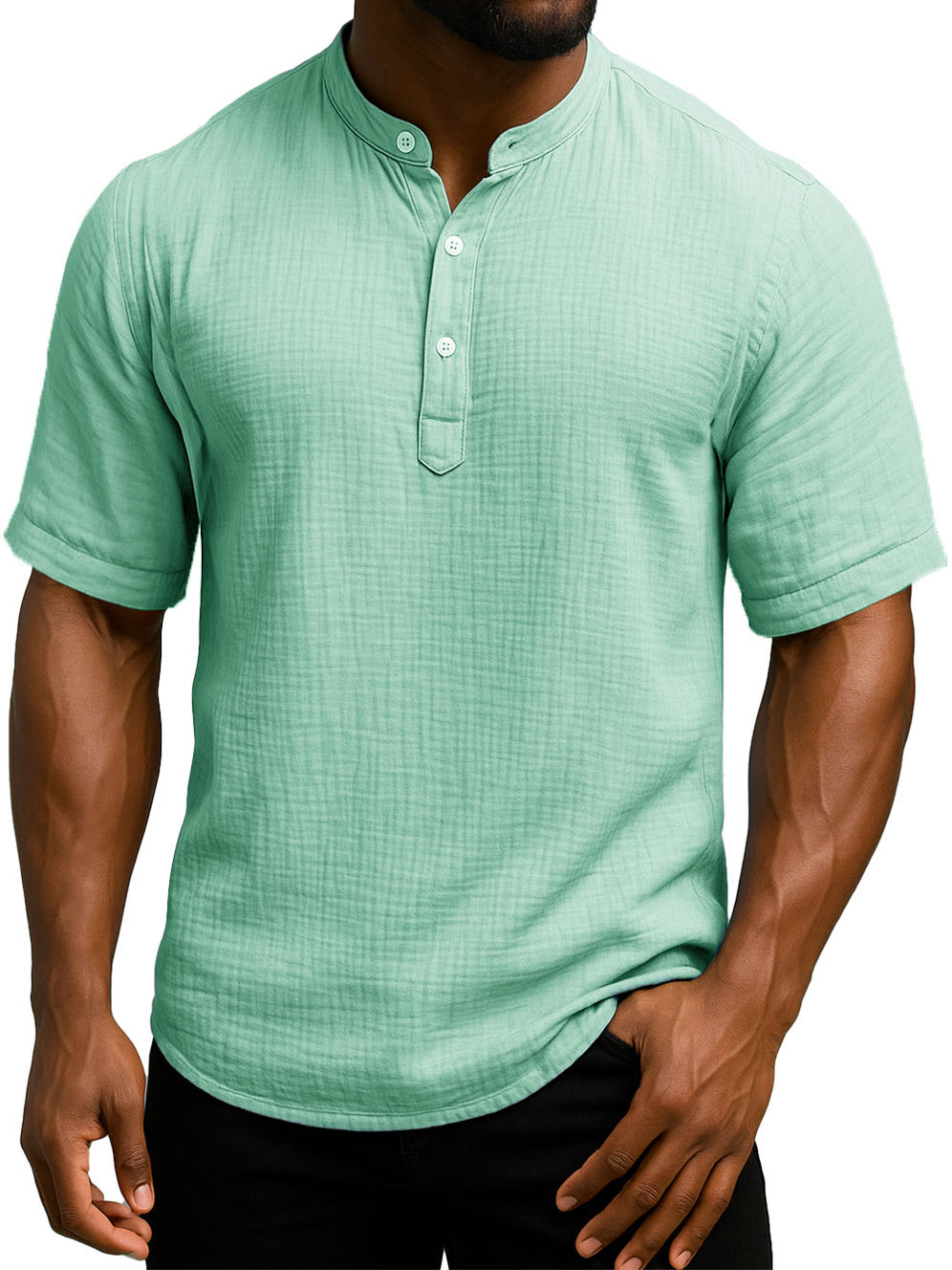 Men's Daily Casual Wrinkled Fabric Wide Short Sleeve Henley Shirt