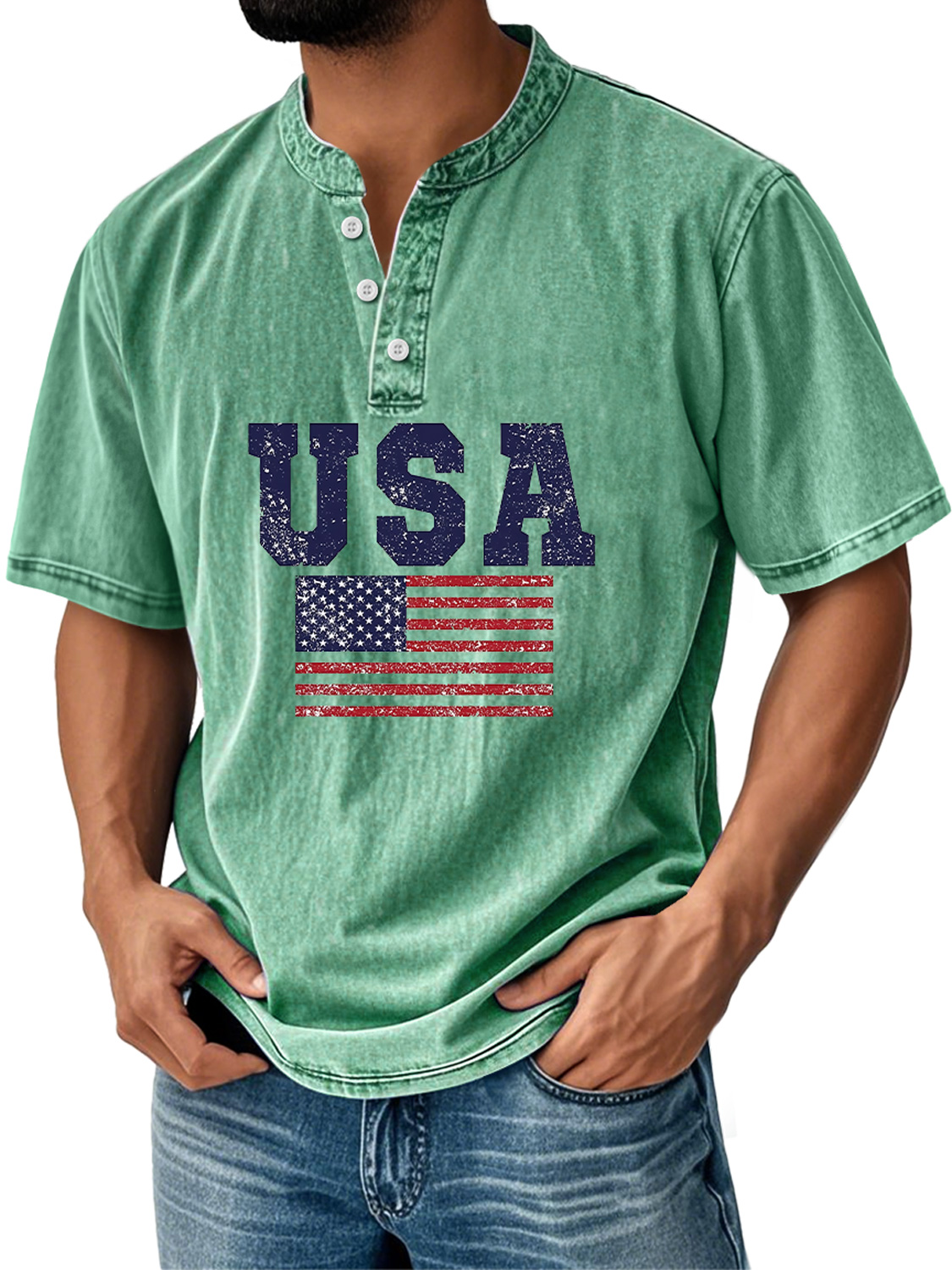 Men's Everyday Independence Day Flag Print Casual Stand Collar Short Sleeve Henley Shirt