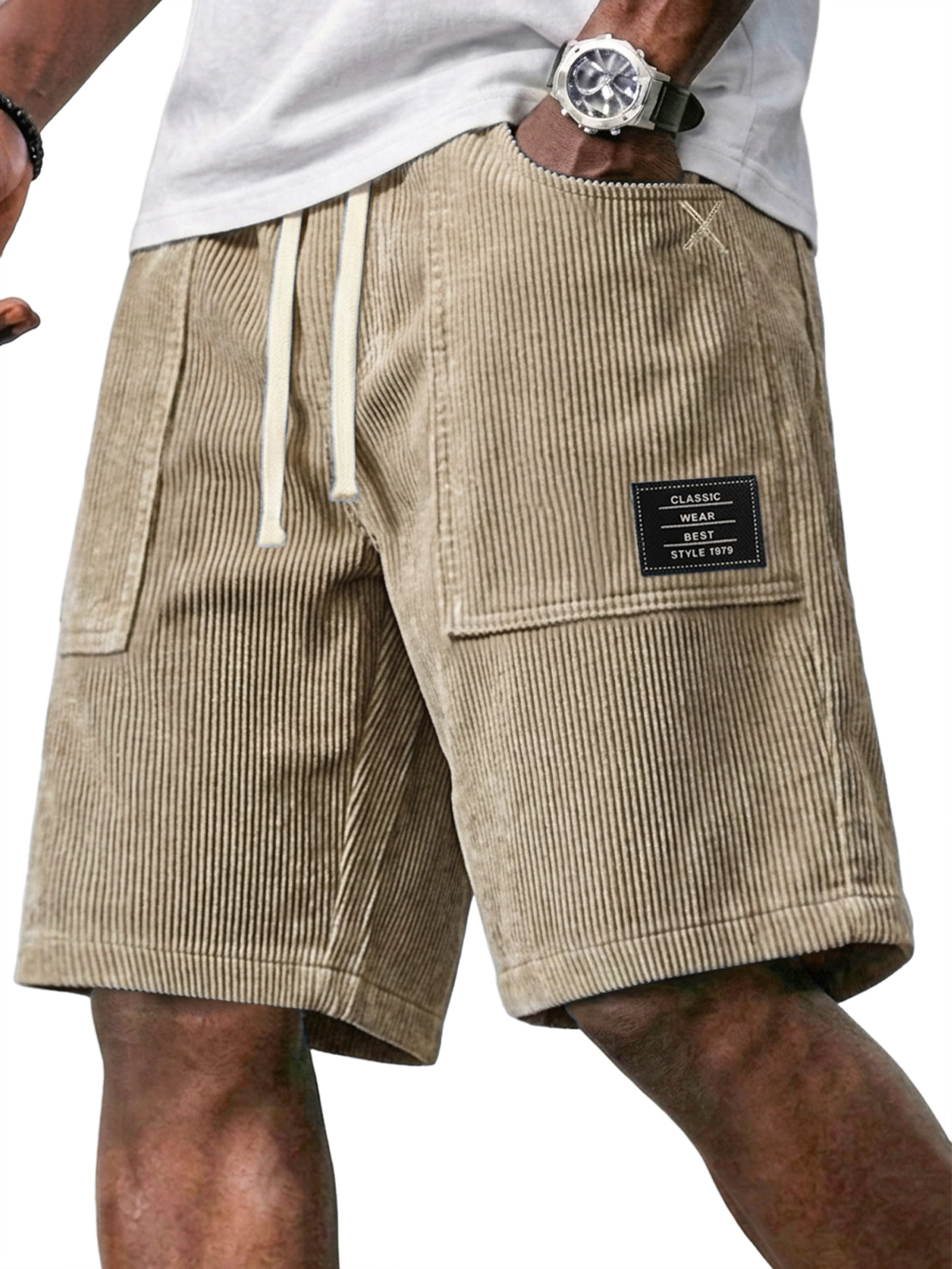 Men's Retro Corduroy Patch Pocket Embroidered Logo Elastic Waist Casual Shorts