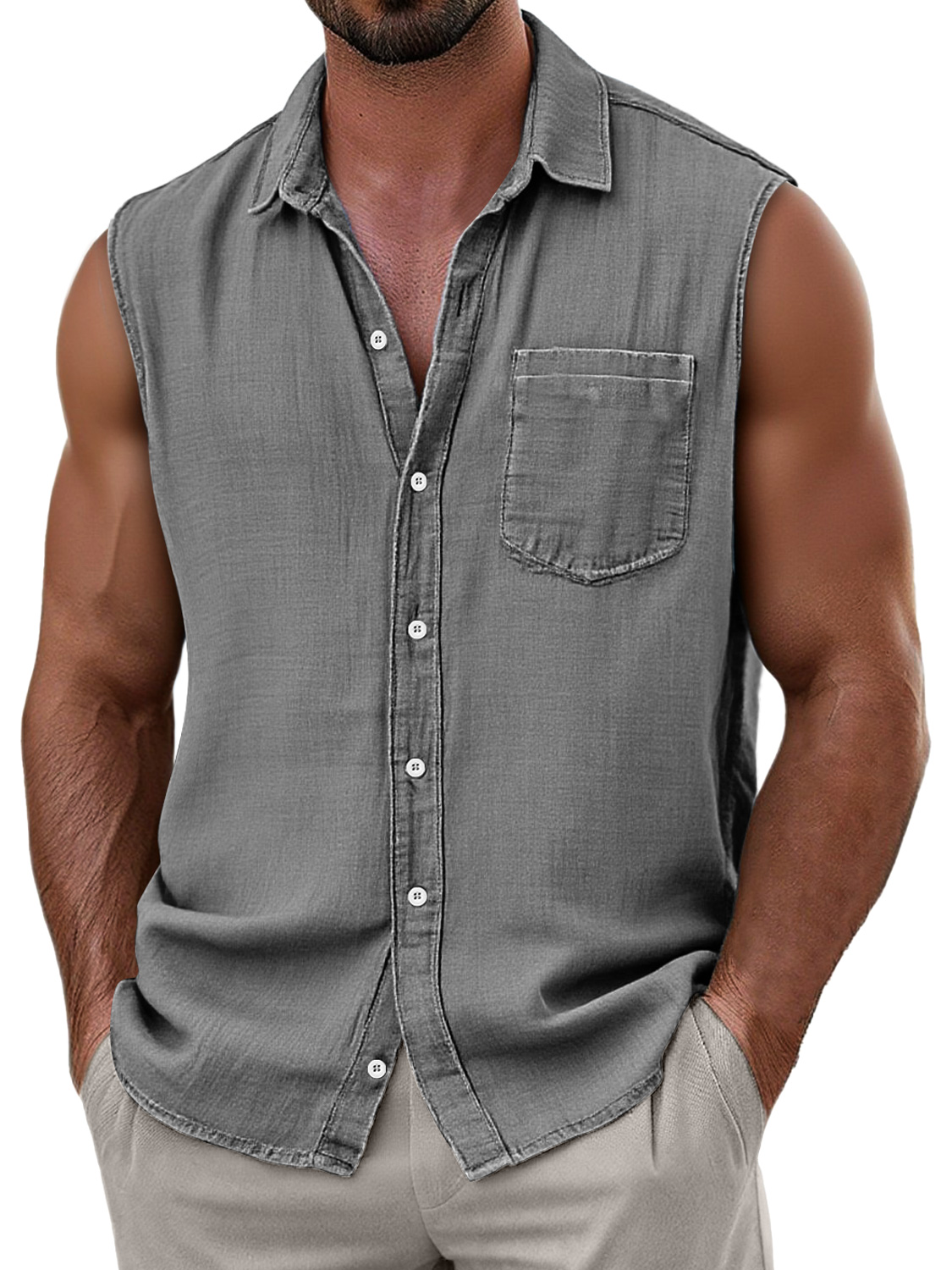 Men's Daily Faux Linen Casual Pocket Comfort Sleeveless Shirt