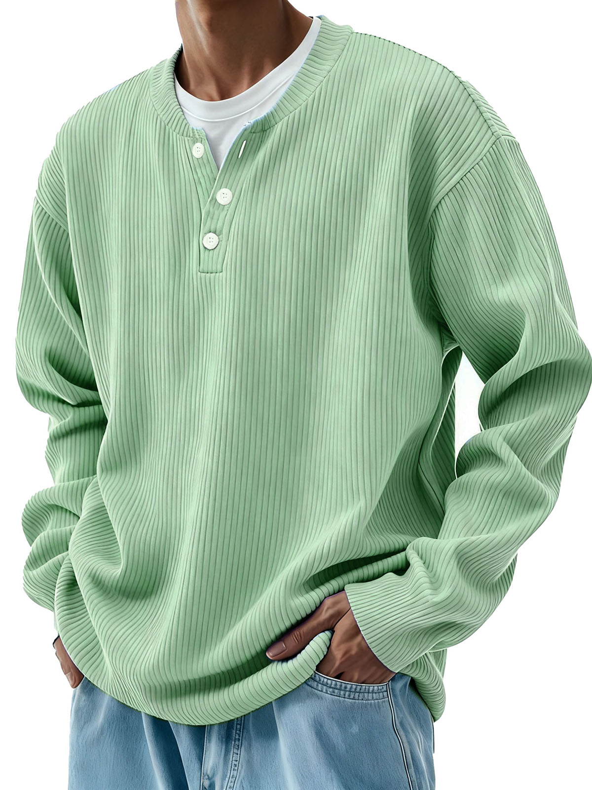 Men's Clothing Fashionable Casual Pit Strip Fabric Three-button Long-sleeved Henry Shirt