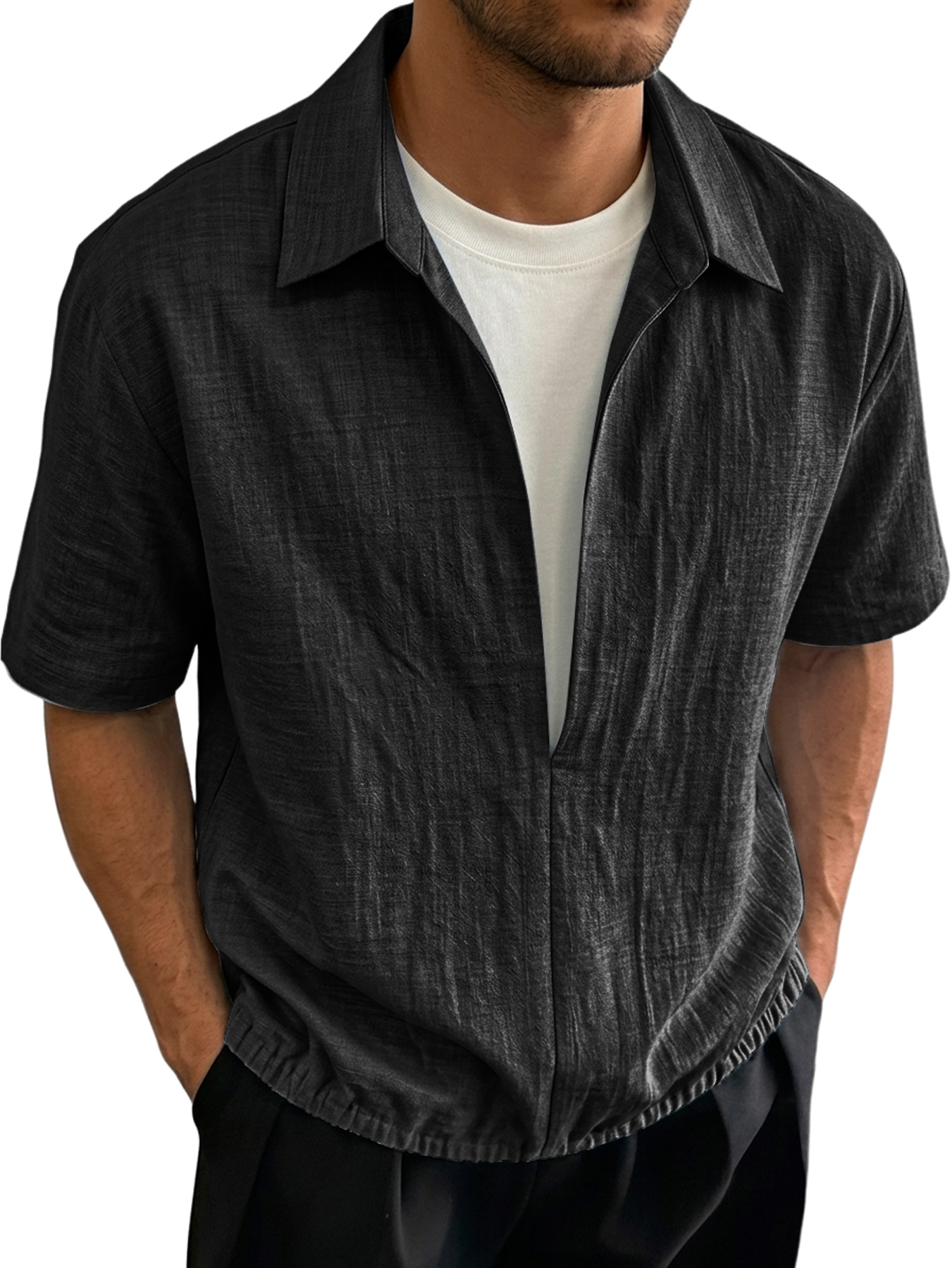 Men's Linen-style Collared Faux Two-piece Casual Comfortable Short-sleeved Polo Shirt