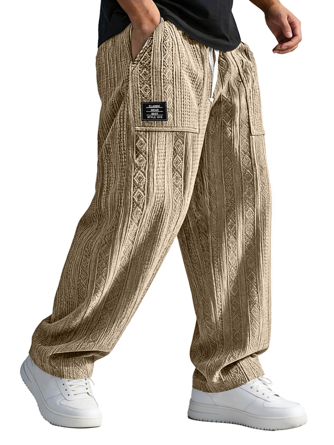 Men's Casual Jacquard Trousers With Patch Pockets And Embroidered Logo, Loose Fit