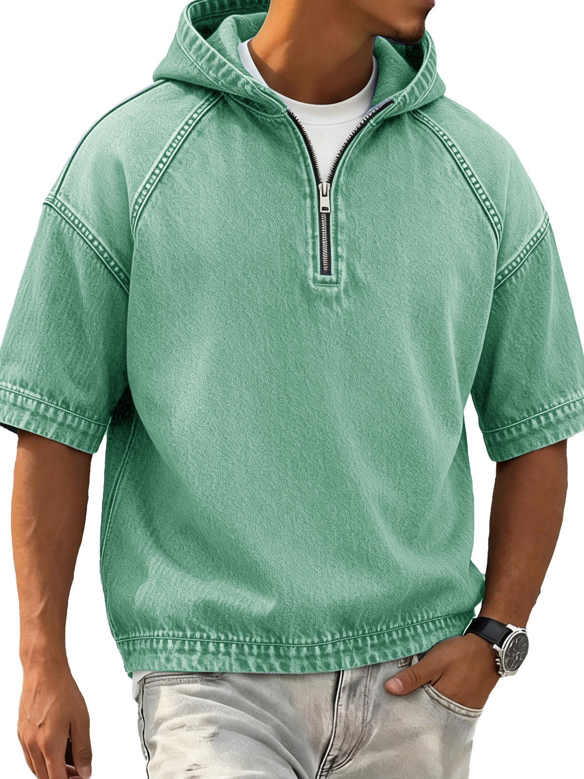 Men's Retro Distressed Raglan Short-Sleeve Sporty Hoodie