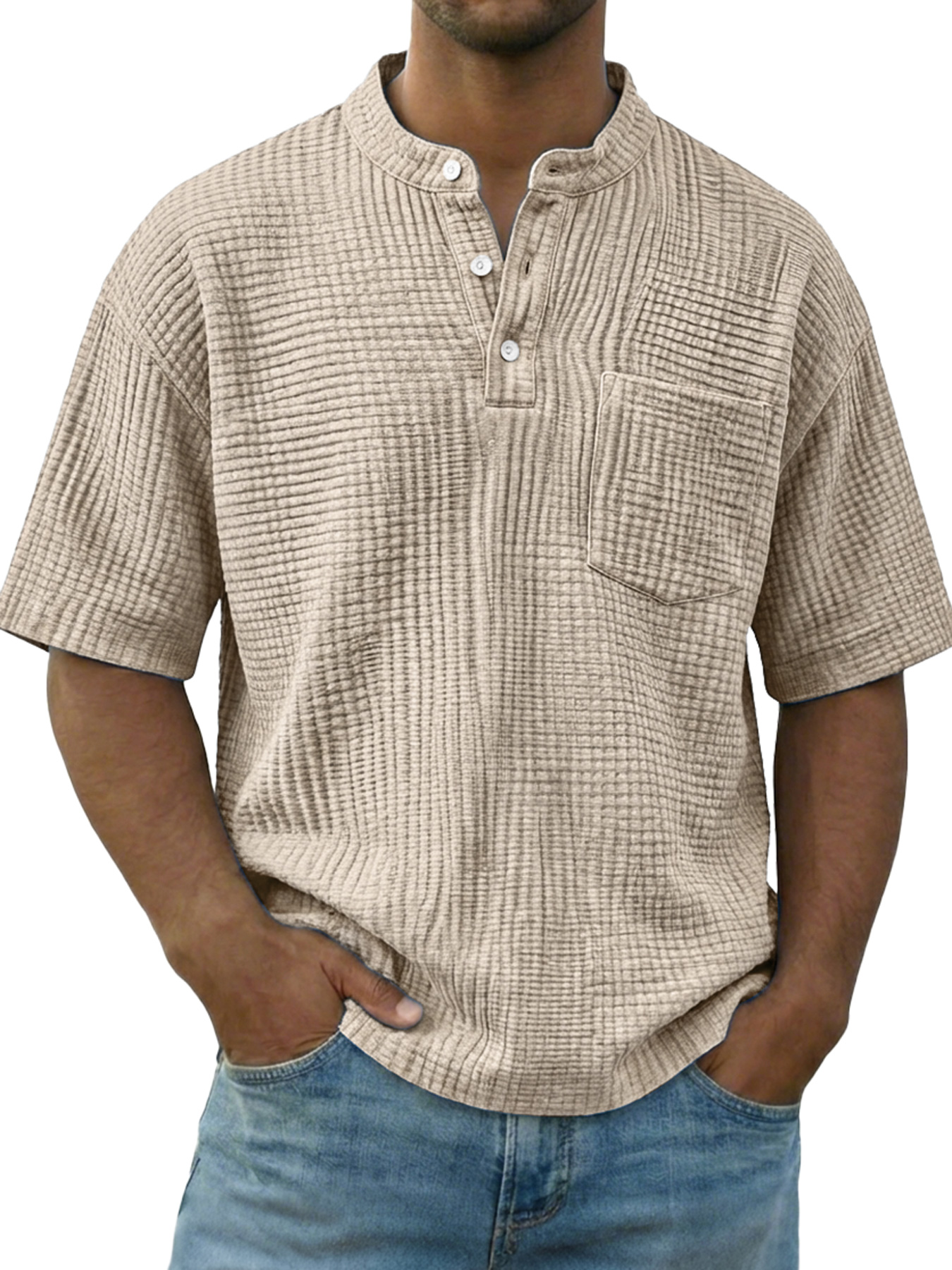 Men's Casual Wrinkled Comfortable Short-sleeved Henley Shirt With Pockets