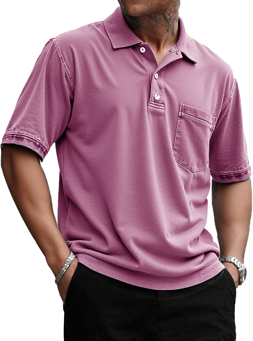 Men's Stylish Retro Pure Cotton Distressed Fabric Pocket Lapel Polo Shirt