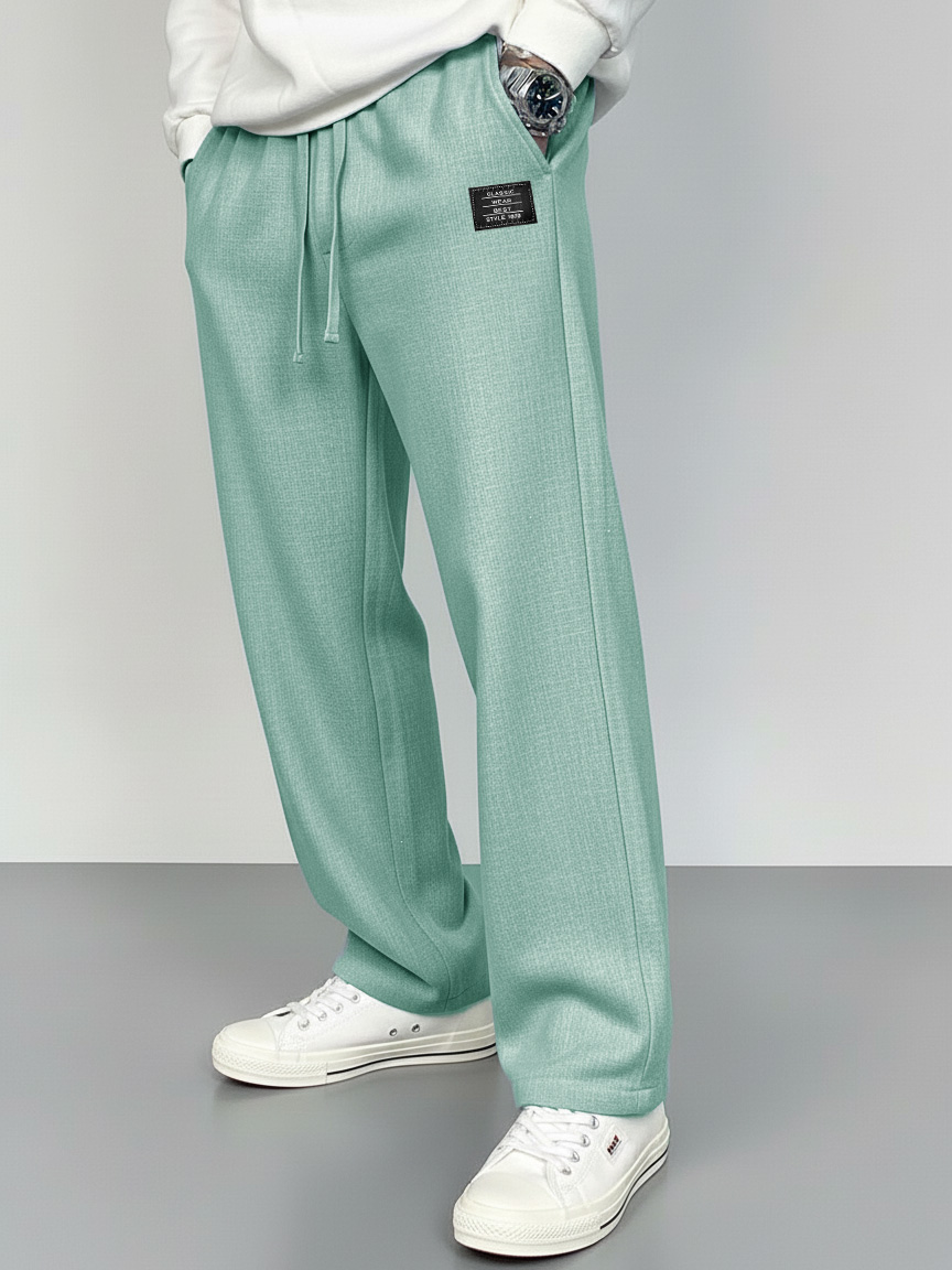 Men's Fashionable Linen Fabric Embroidered Logo Pocket Loose-Fitting Trousers