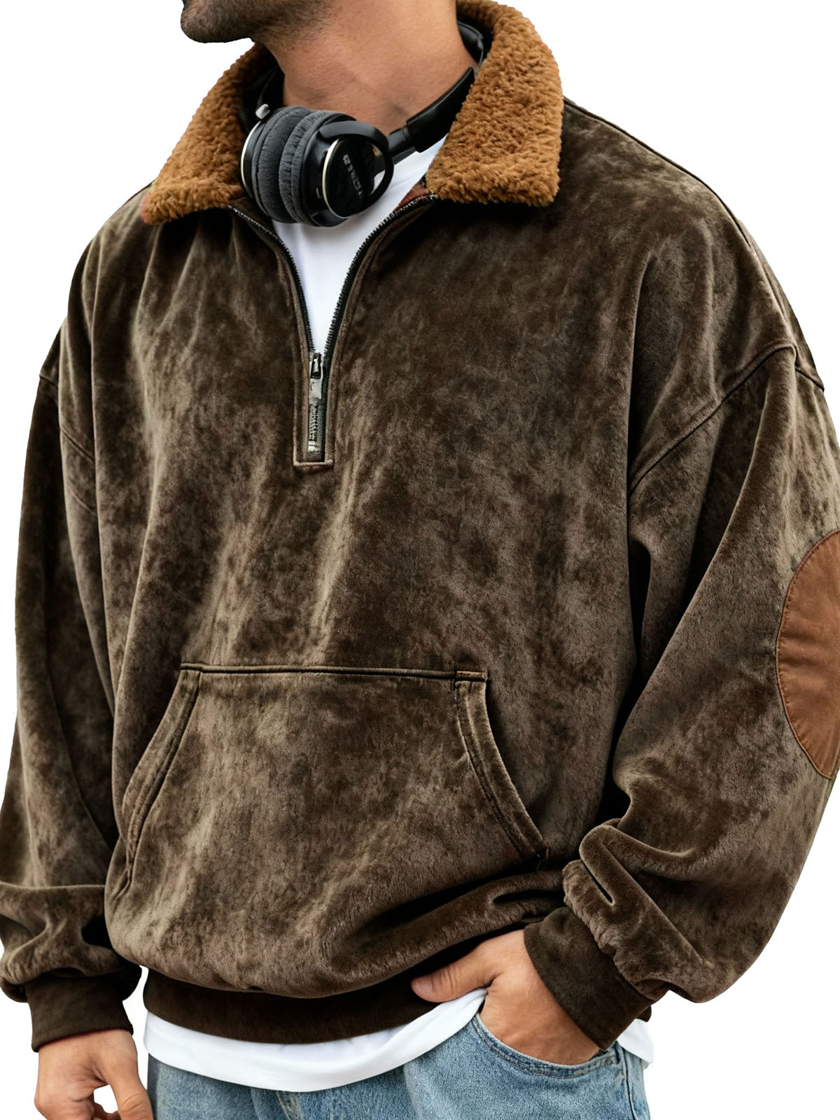 Men's Retro Patchwork Stand Collar Plush Pocket Stand Collar Zipper Sweatshirt