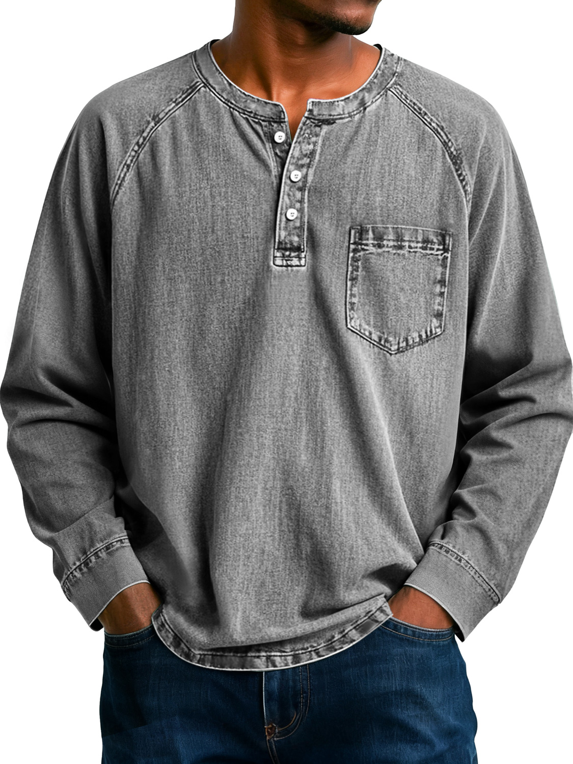 Men's Retro Raglan Pocket Casual Long-Sleeve Henley Shirt