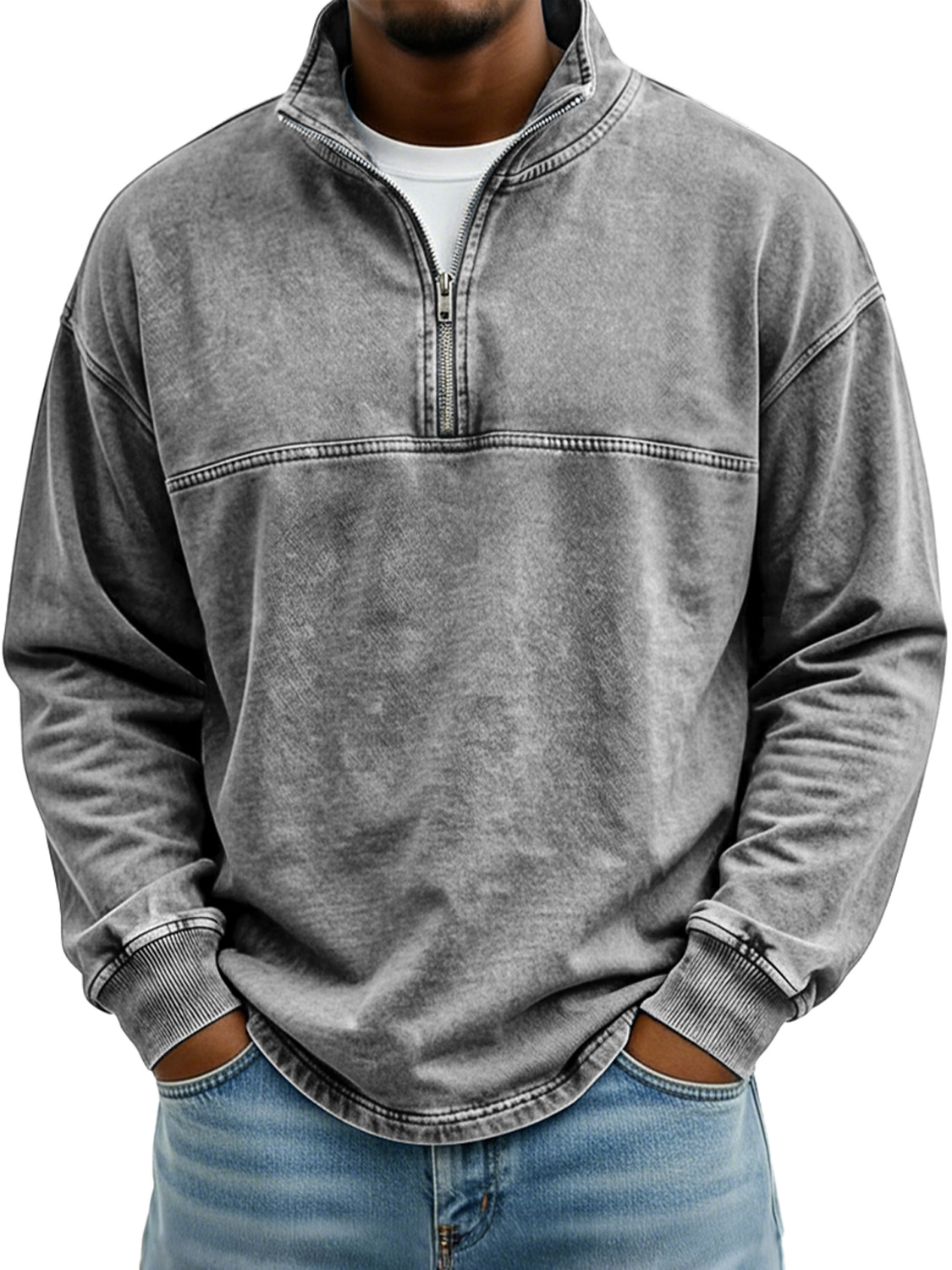 Men's Vintage Stand-collar Long-sleeved T-shirt With Zipper And Contrasting Stitching Design