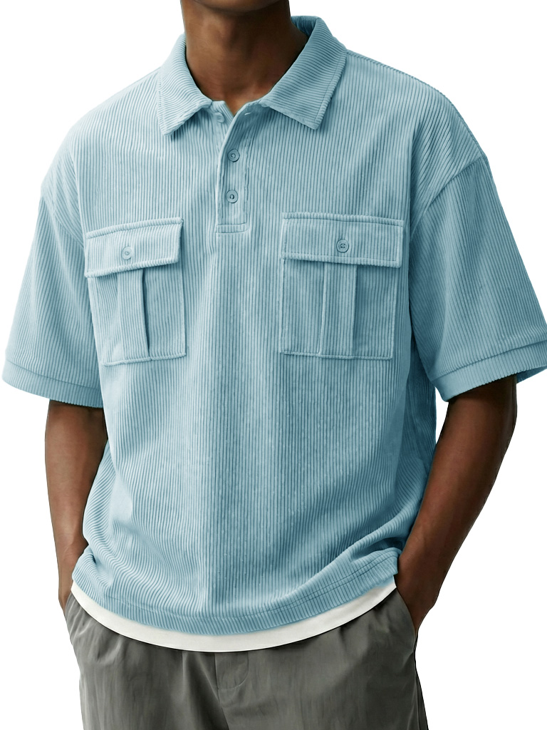 Men's Fashionable Retro Workwear Pocket Short-sleeved Polo Shirt with Lapel