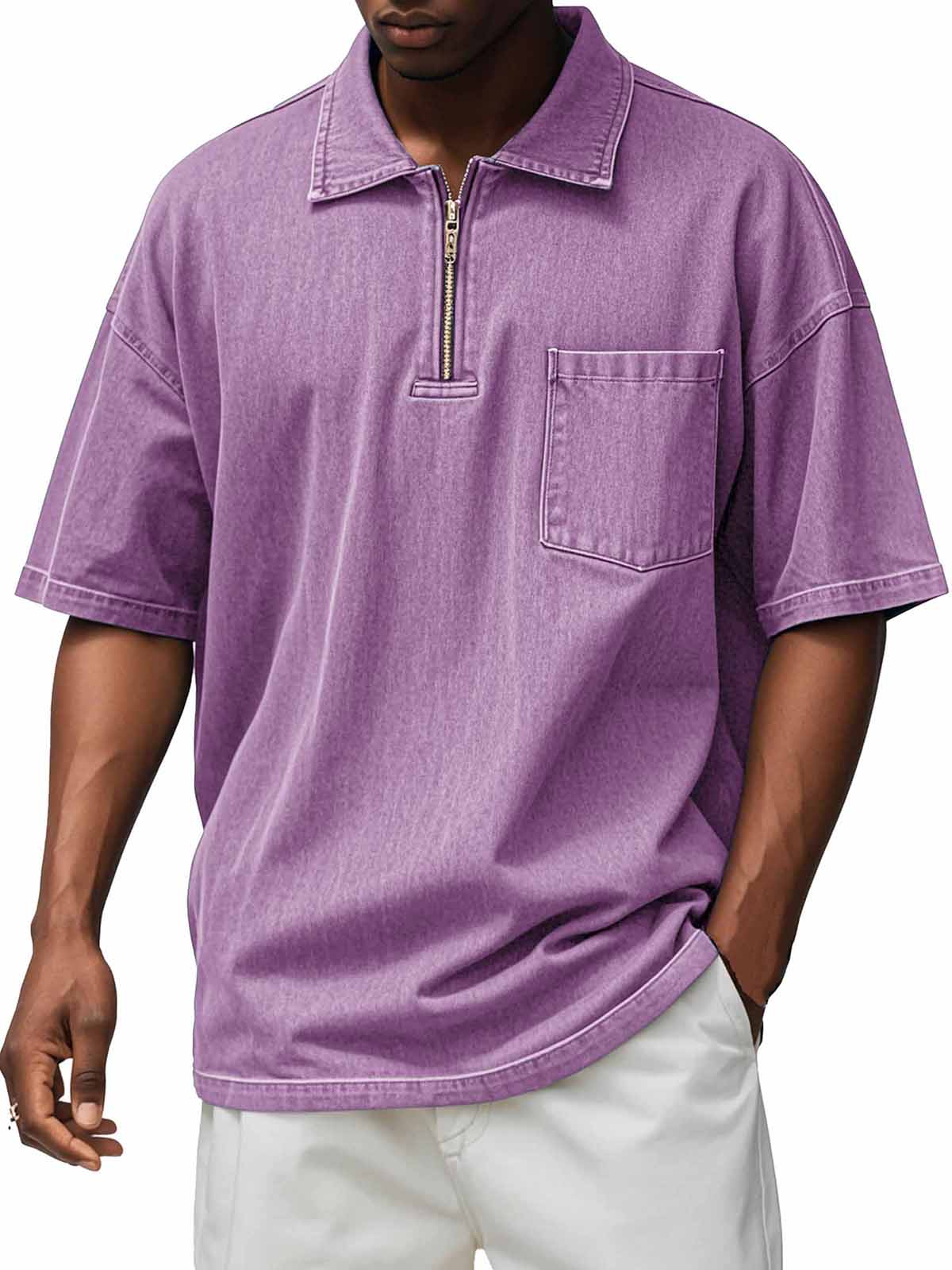 Men's Retro Distressed Zip Pocket Short Sleeve Polo Shirt