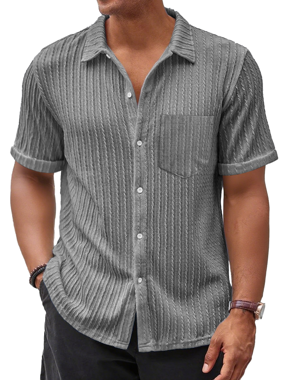 Men's Daily Casual Jacquard Texture Pocket Solid Color Comfortable Short-sleeved Shirt