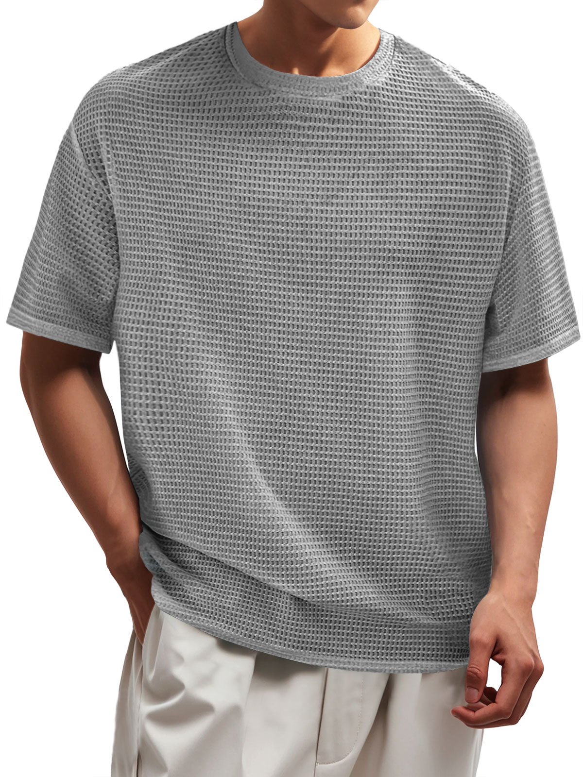 Men's Waffle Everyday Round Neck Casual Solid Color Short Sleeve T-Shirt