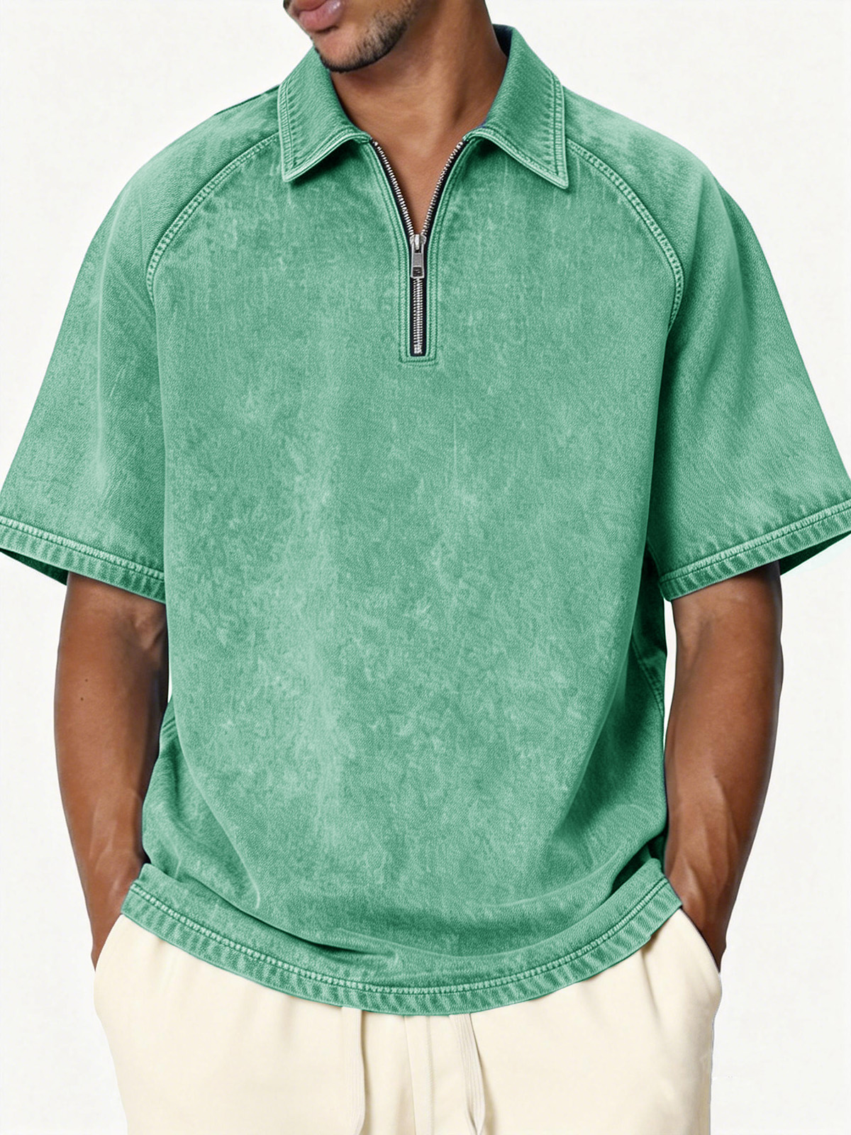 Men's Retro Distressed Raglan Collar Zipper Loose Short-Sleeve Polo Shirt