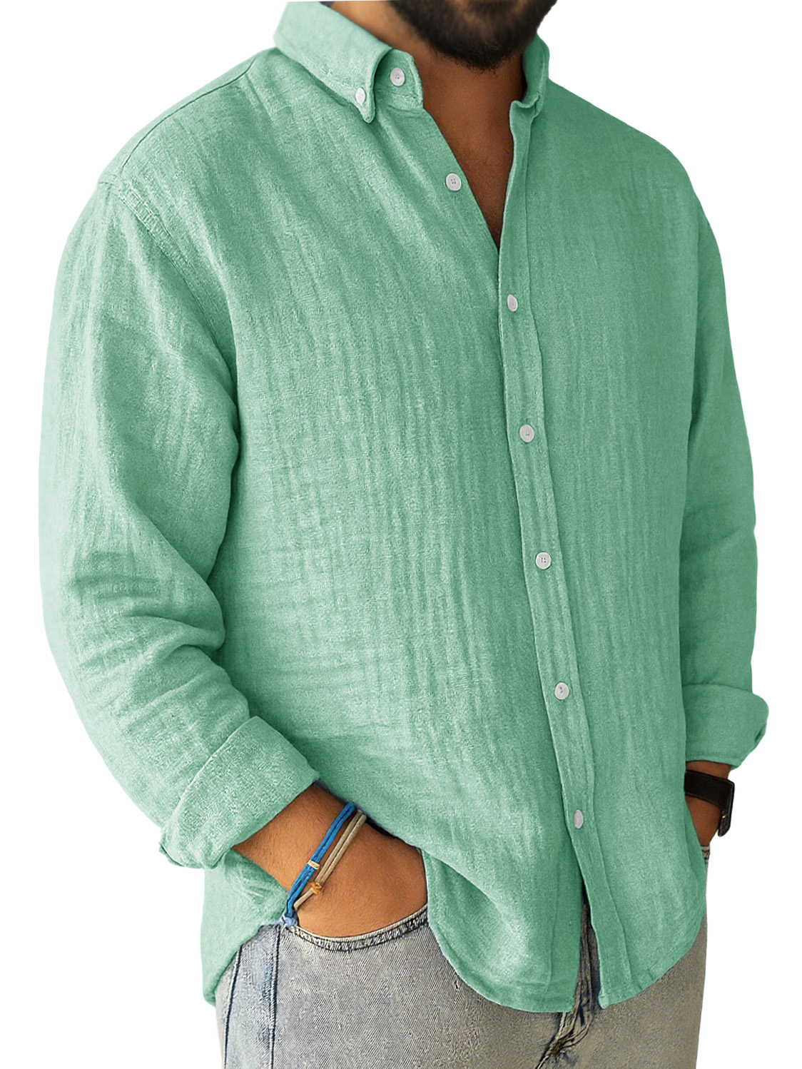 Men's Casual Pleated Loose-fitting Long-sleeved Lapel Shirt