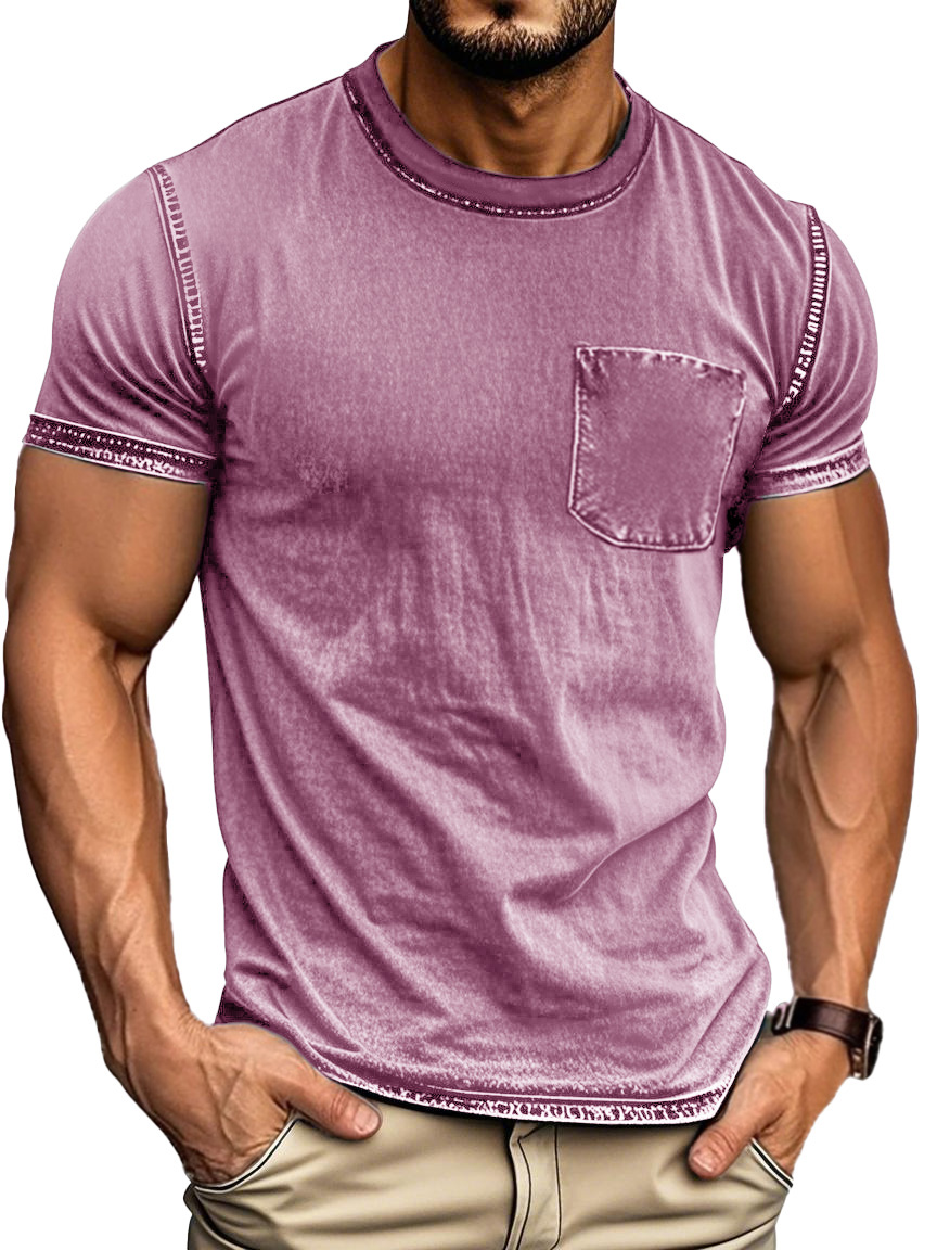 Men's Fashion Retro Distressed Outdoor Round Neck Short Sleeve Pocket T-shirt