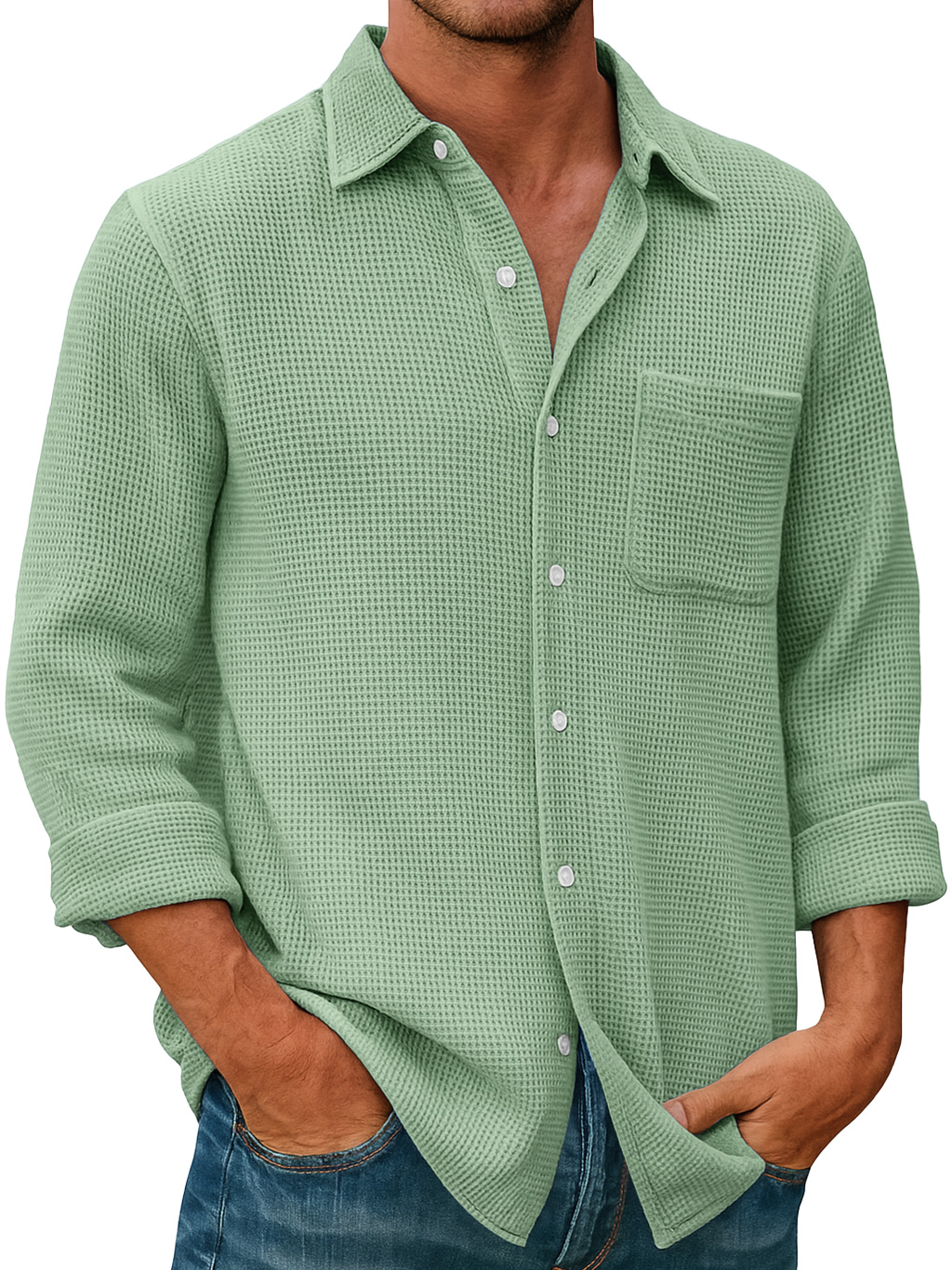 Men's Waffle Everyday Casual Pocket Comfort Long Sleeve Shirt