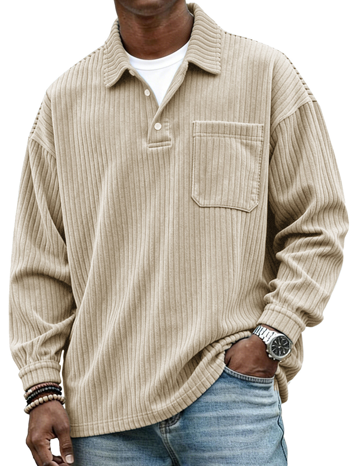 Stylish Casual Loose Corduroy Fabric Lapel Pockets Long-sleeved Polo Shirt
