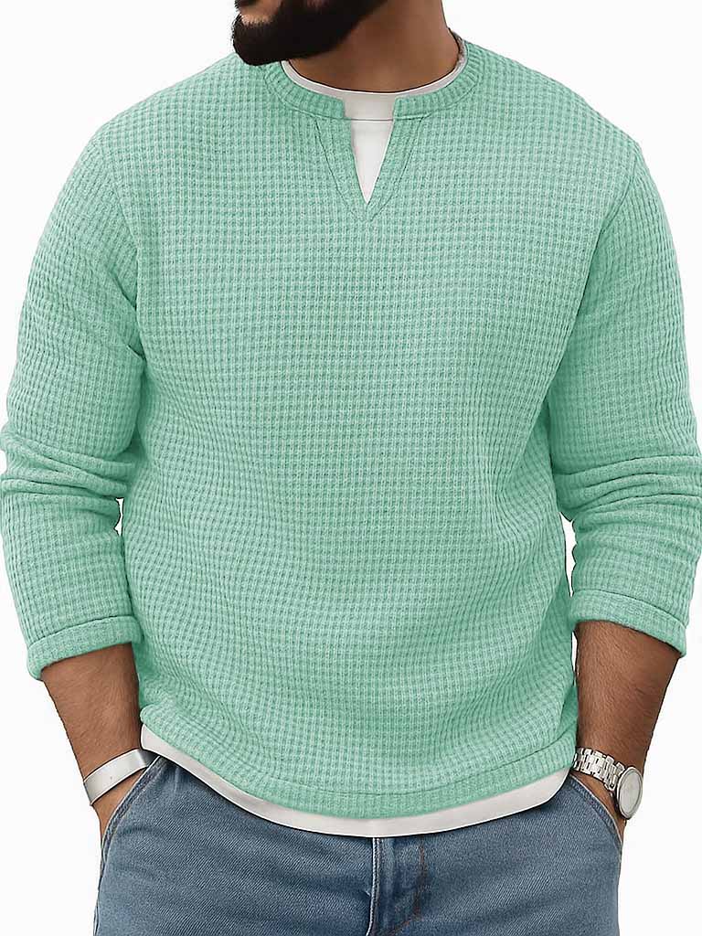 Men's Stylish Vintage Waffle Fabric V-neck Simulated Two-piece Loose-fitting Long-sleeved T-shirt