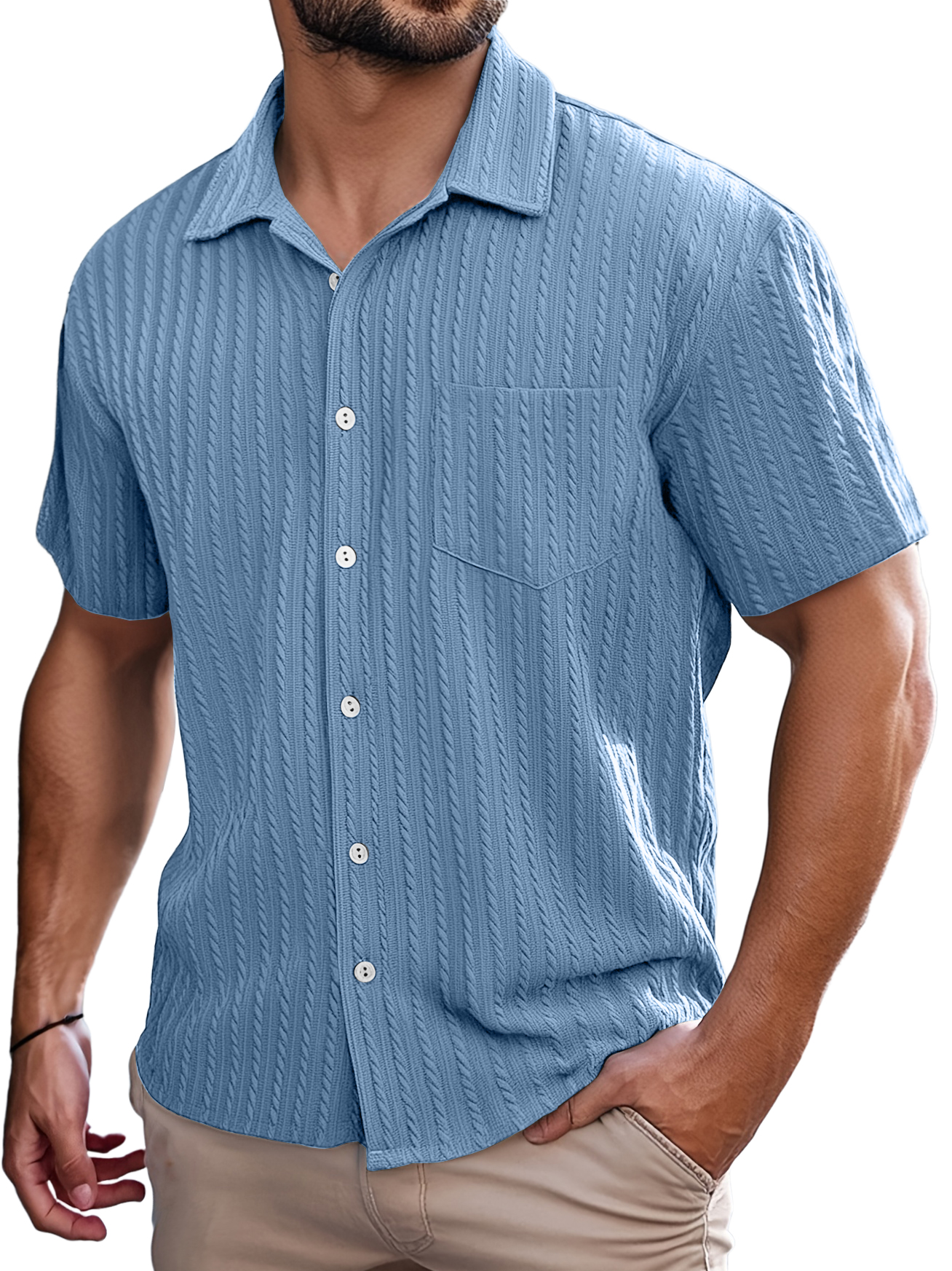 Men's Retro Casual Striped Jacquard Pocket Short-sleeved Shirt