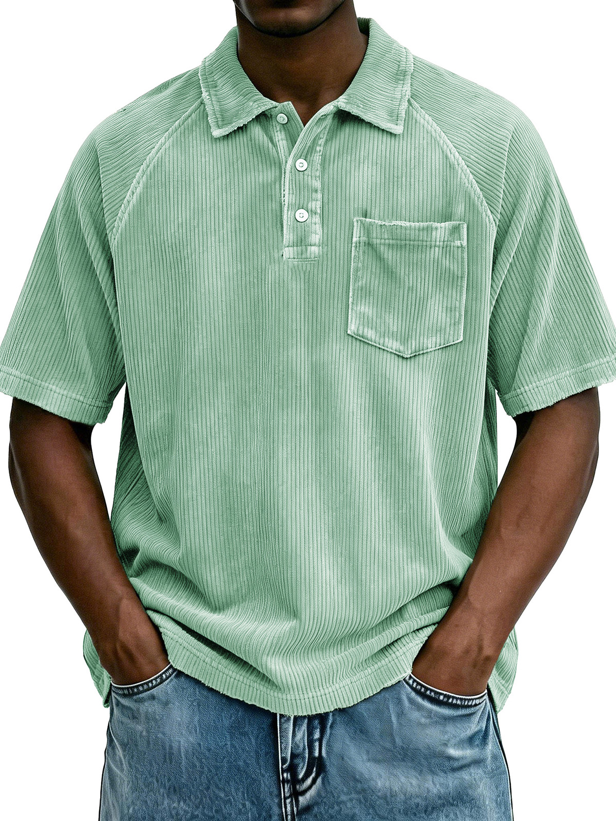 Men's Retro Raglan Pocket Zipper Loose Short-Sleeve Polo Shirt