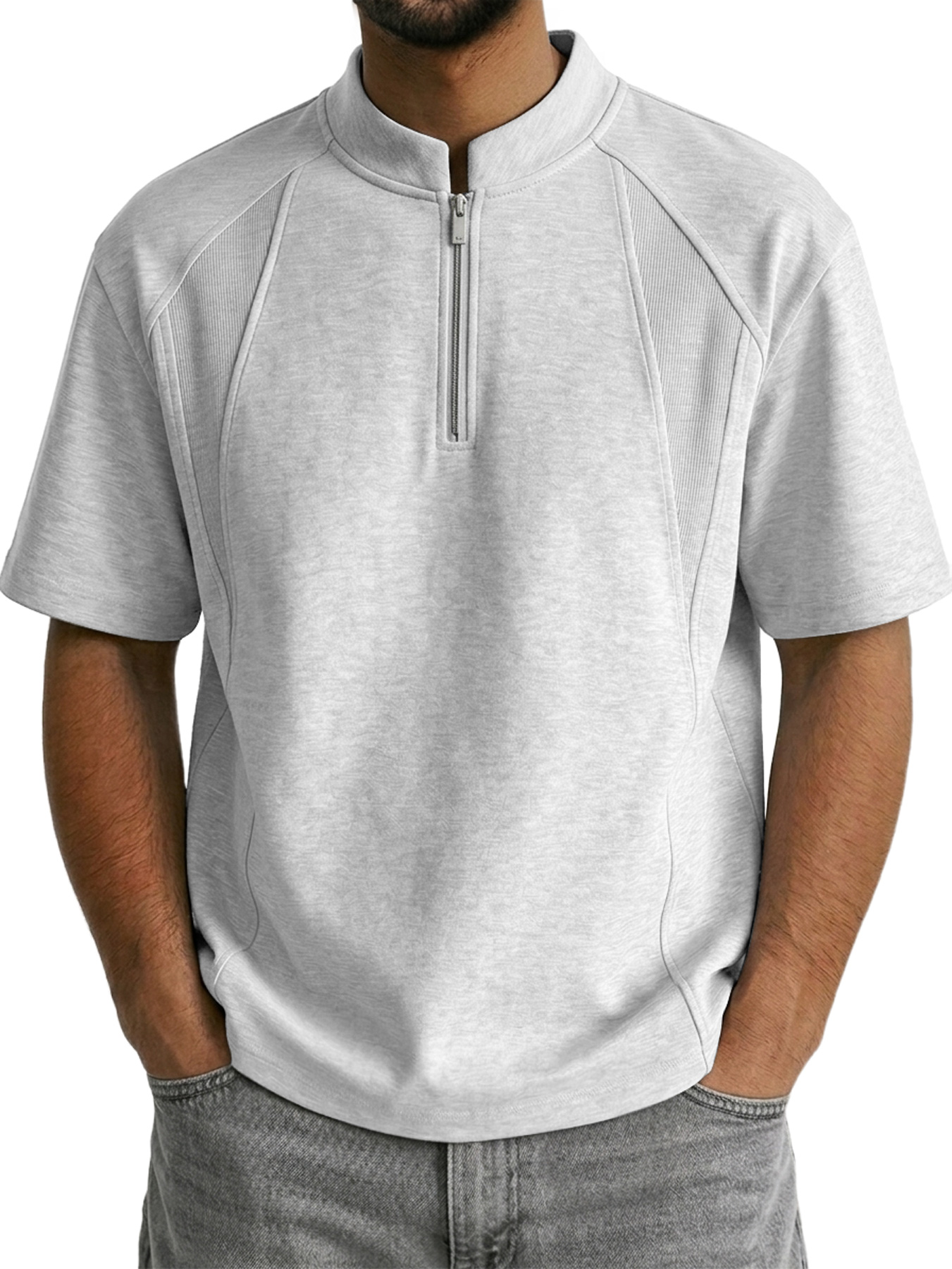 Men's Stand Collar Zipper Deconstructed Casual Short-Sleeve T-Shirt