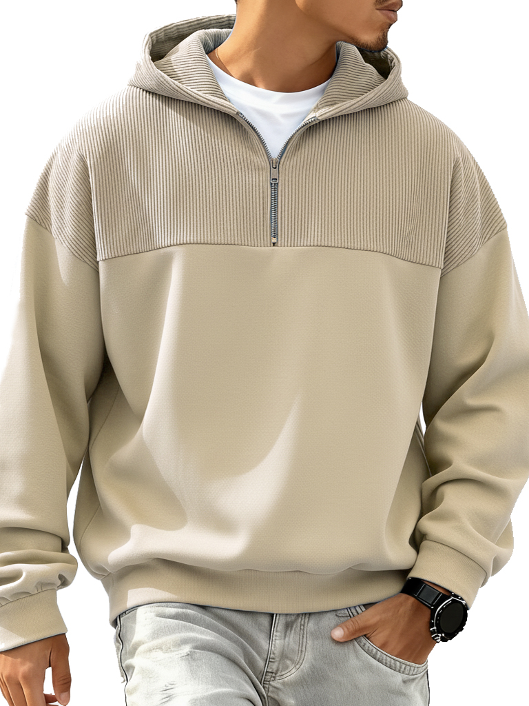 Men's Fashion Casual Patchwork Ribbed Fabric Long-Sleeve Hooded Zipper Top