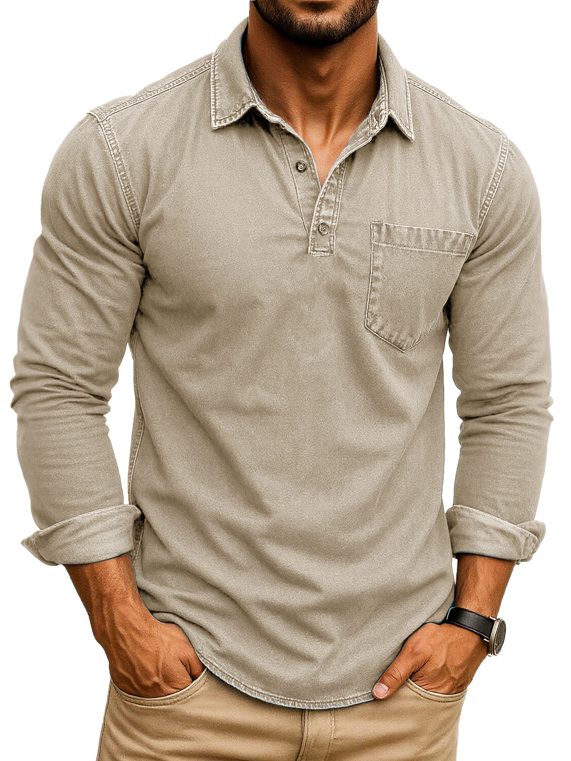 Men's Retro Fashion Distressed Lapel Pocket Long Sleeve Polo Shirt