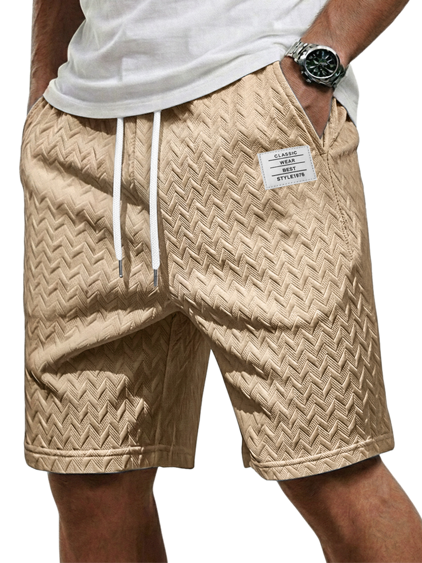 Men's Casual Jacquard Textured Embroidered Logo Elastic Waist Shorts
