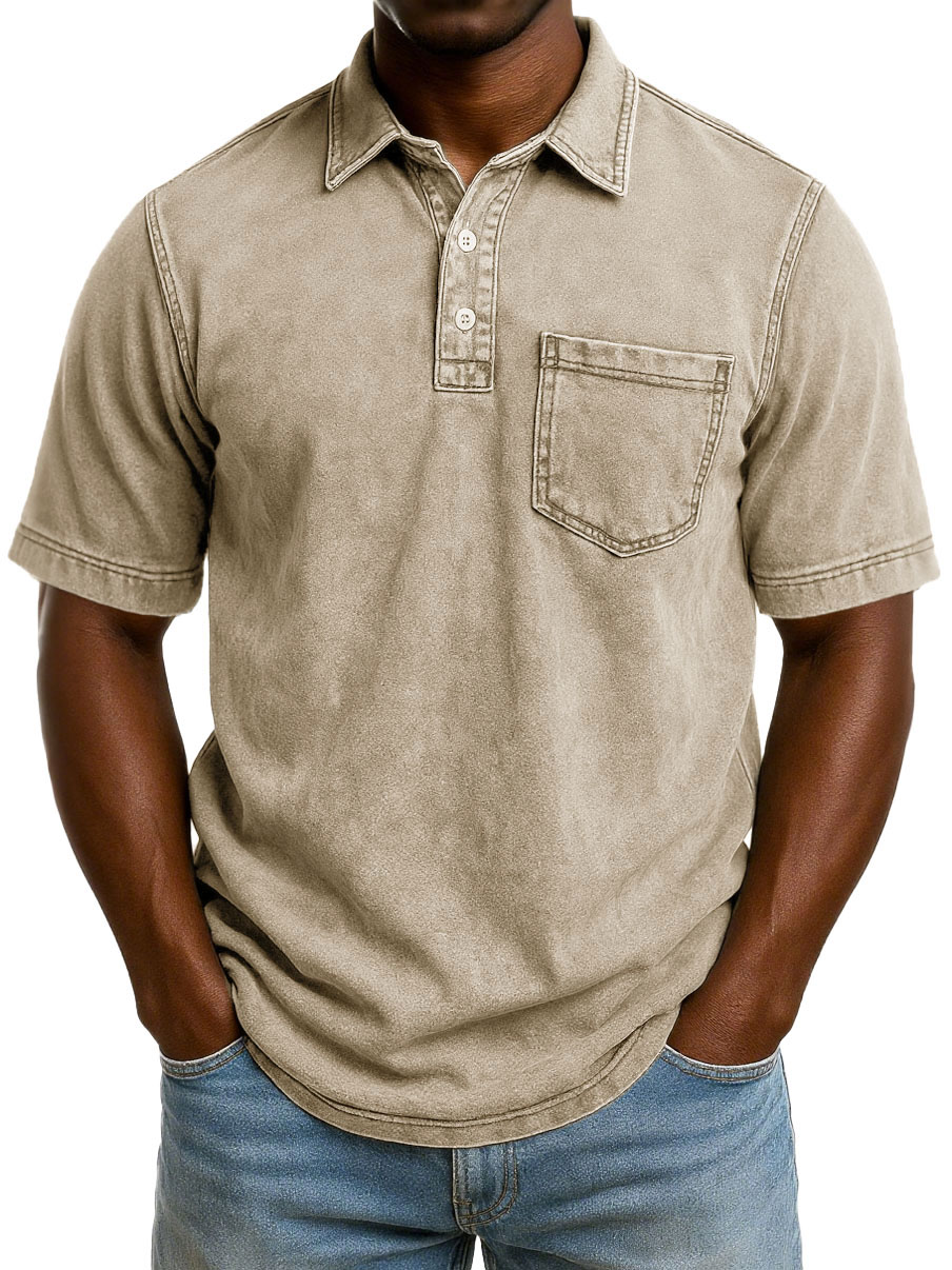 Men's Fashion Casual Retro Washed Short-sleeved Lapel Pocket Polo Shirt