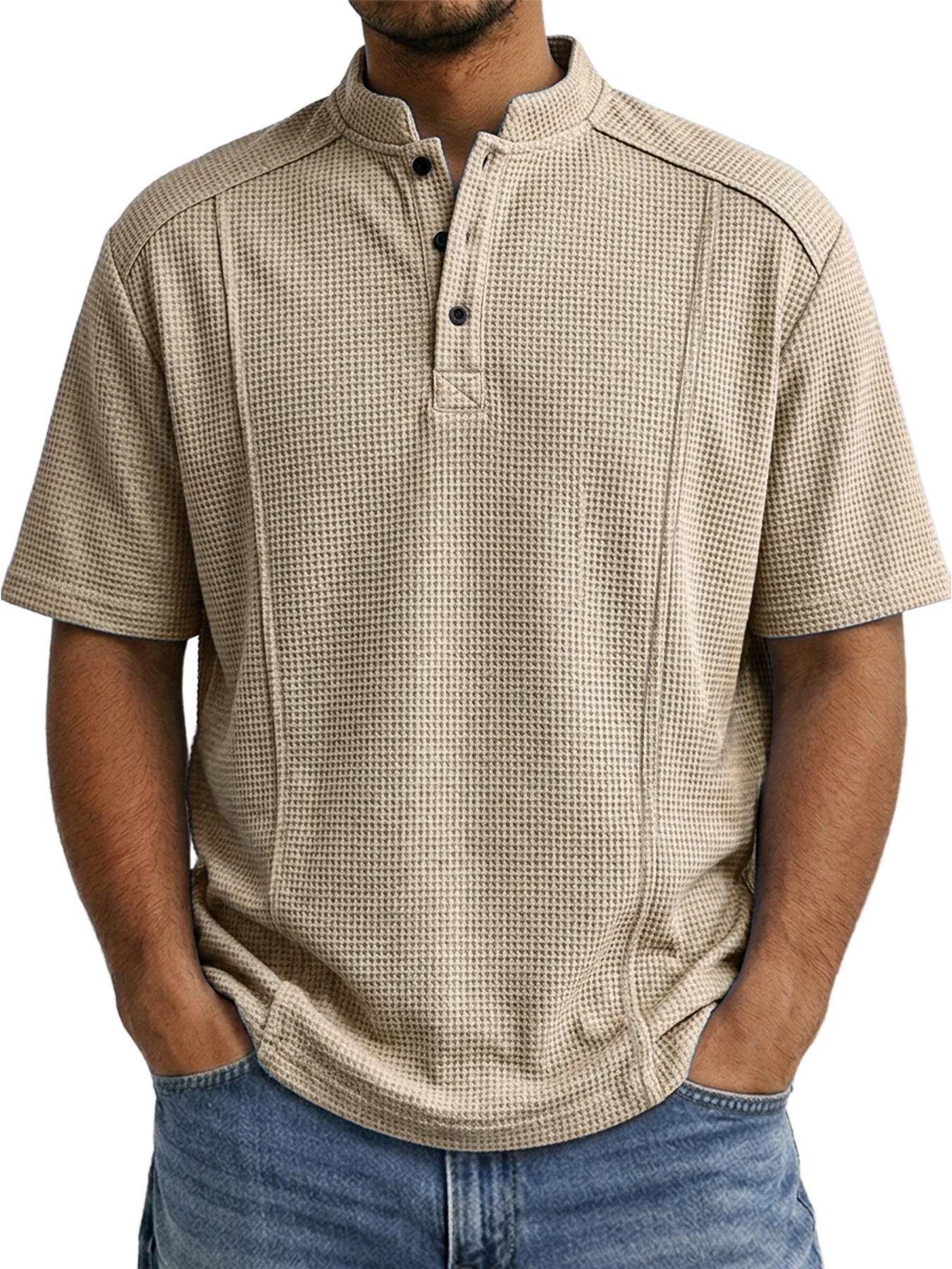 Men's Waffle-knit Deconstructed Stand-up Collar Button-down Casual Short-sleeved Henley Shirt