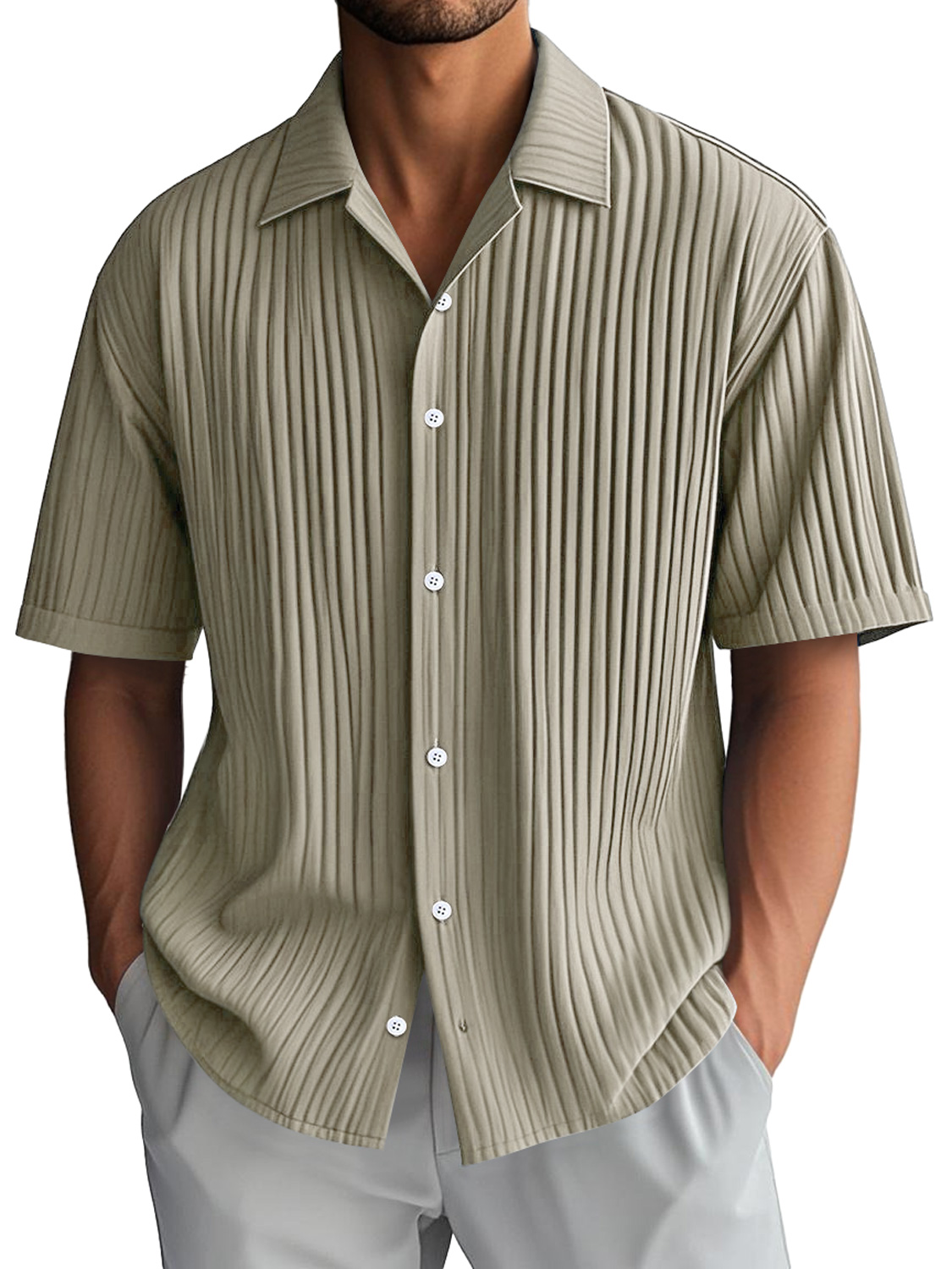 Men's Daily Casual Ribbed Lapel Comfortable Short-sleeved Shirt
