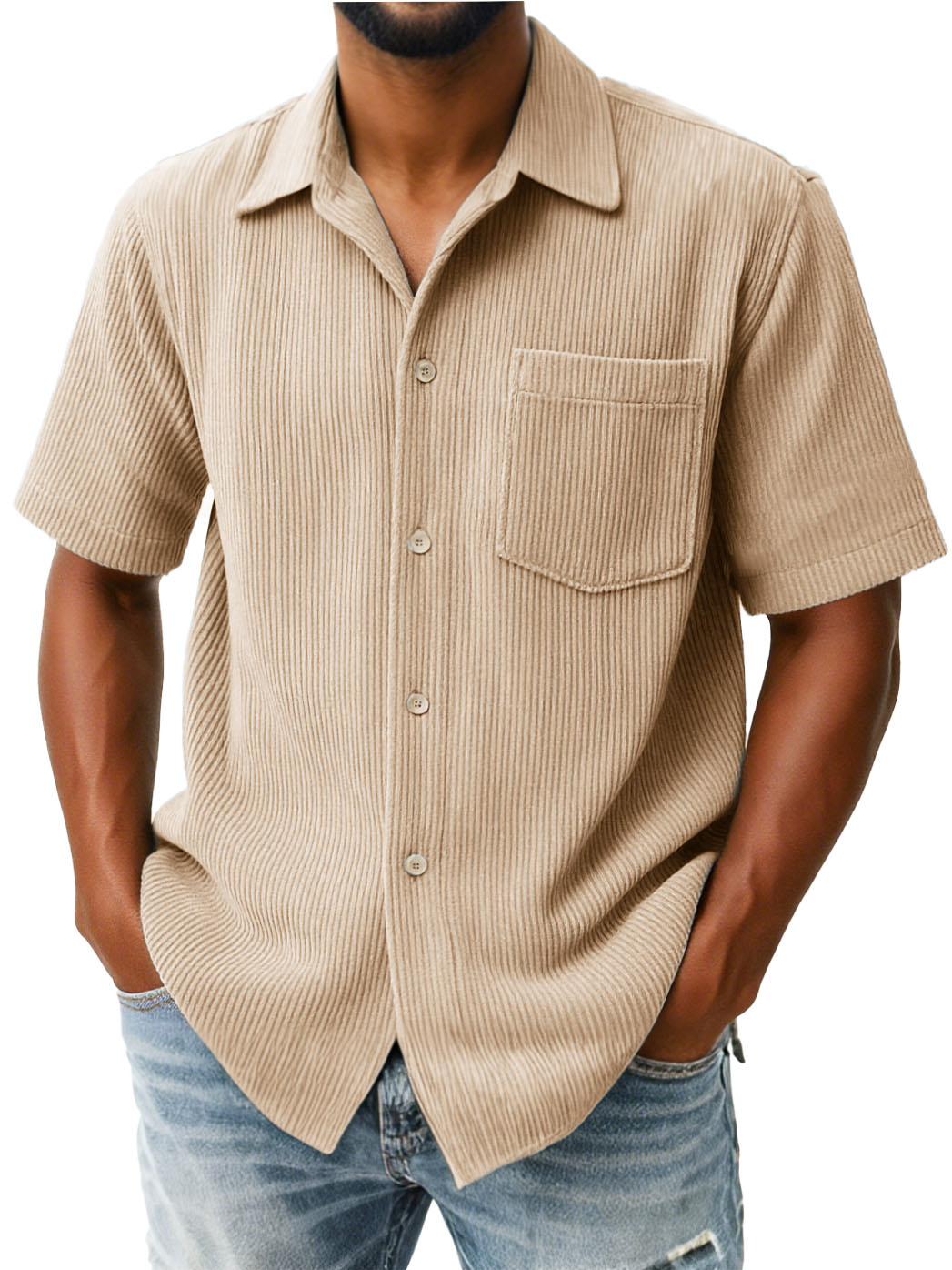 Men's Fashion Casual Ribbed Fabric Pocket Short-Sleeved Lapel Shirt