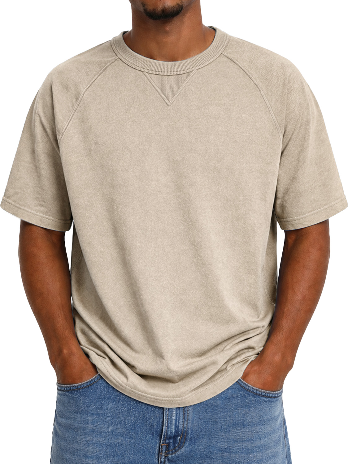Men's Crew Neck Raglan Short-sleeved T-shirt With Inverted Triangle Design