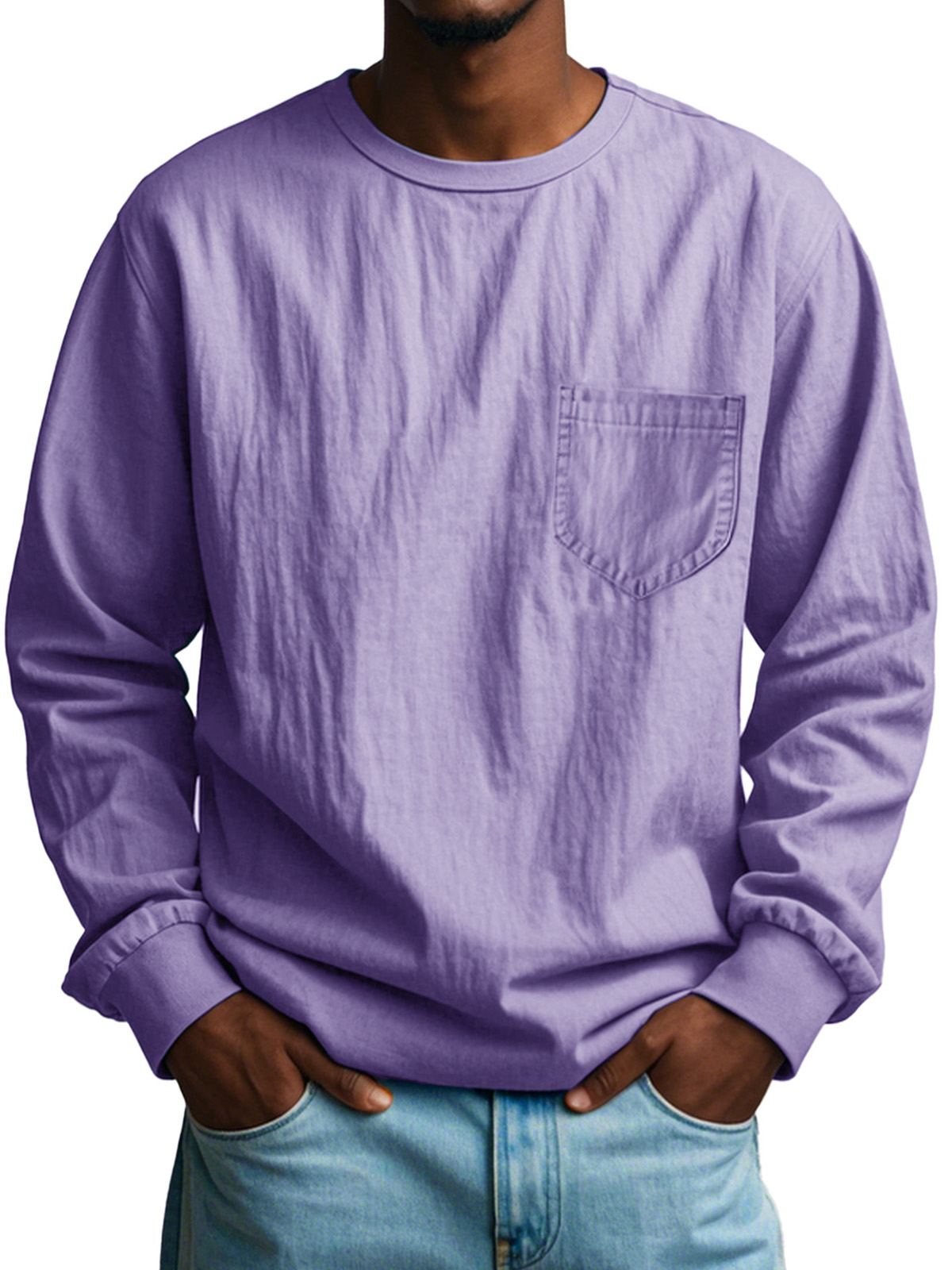 Men's Fashion Casual Pleated Round Neck Long Sleeve Pocket T-Shirt