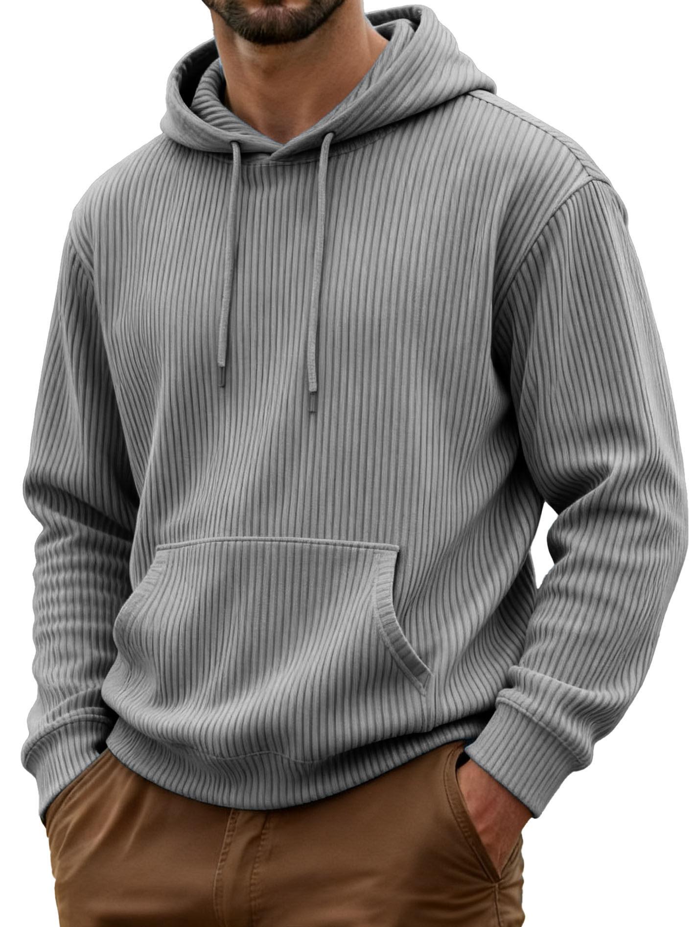 Men's Fashionable Casual Ribbed Fabric Long-sleeved Pocket Hoodie