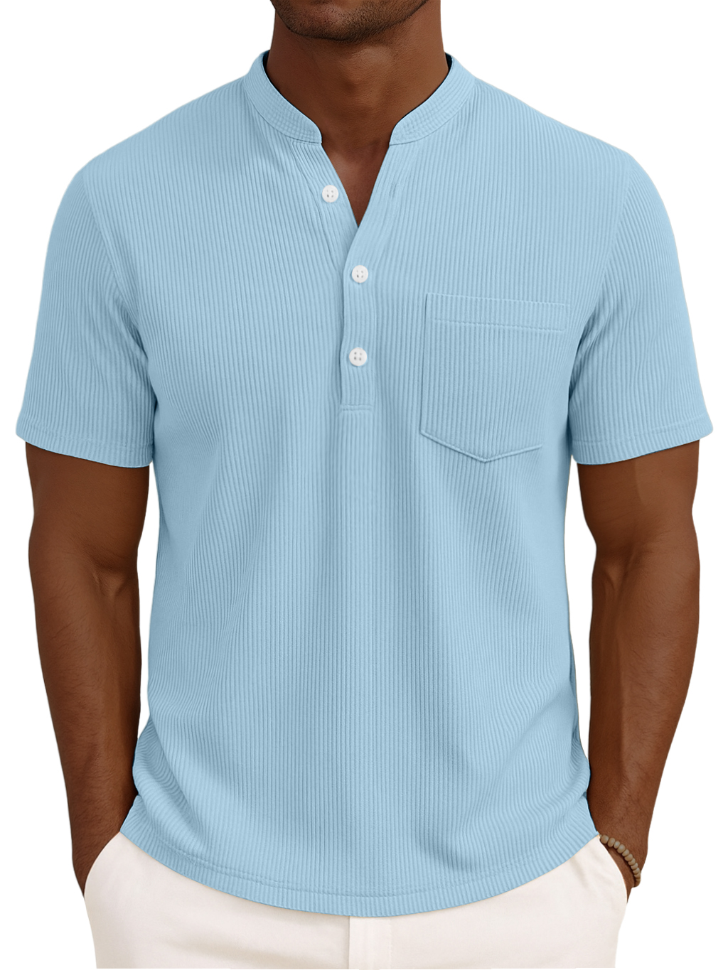 Men's Henley Collar Solid Color Loose And Comfortable Vertical Striped Pocket Short-sleeved Top
