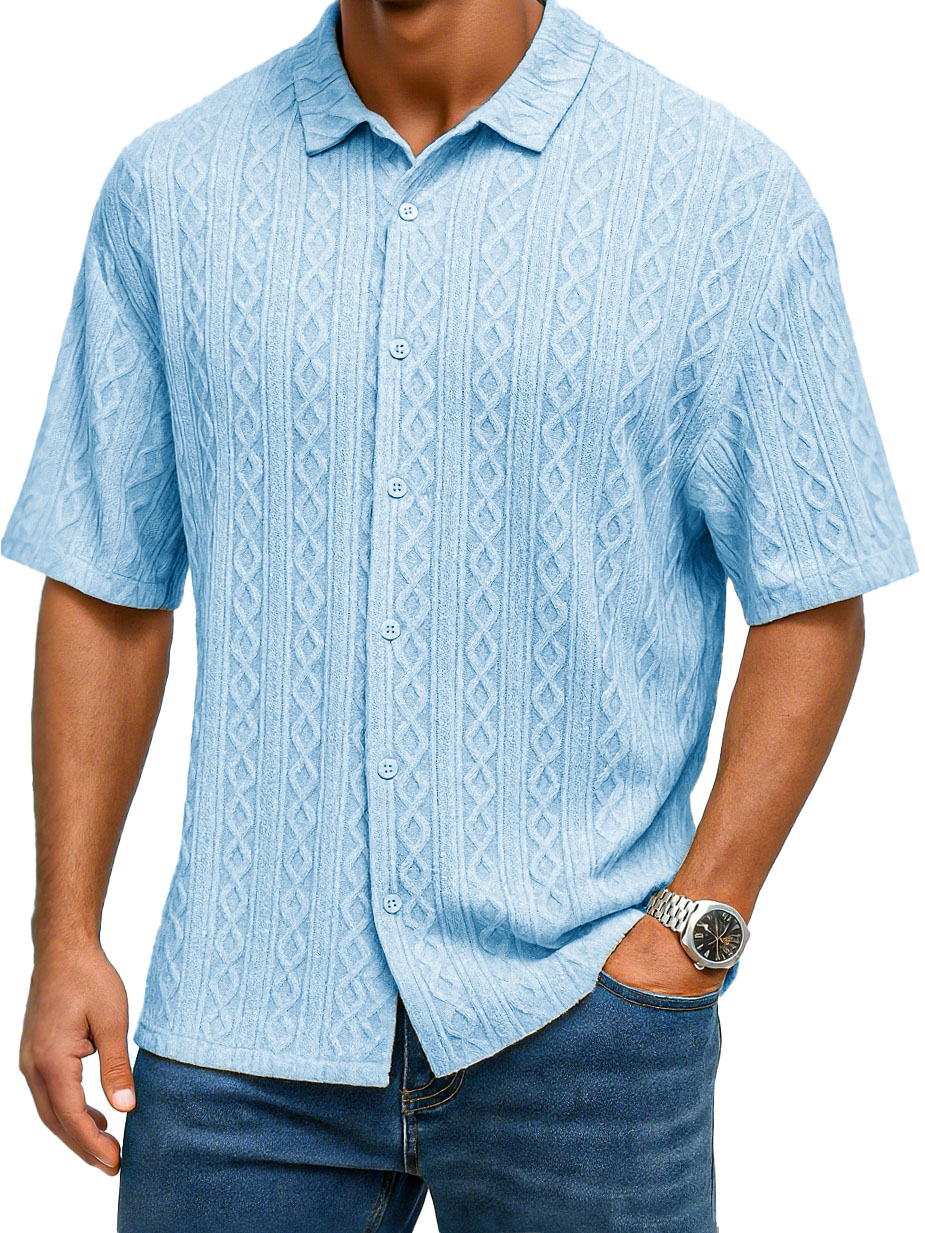 Men's Fashion Casual Jacquard Fabric Lapel Short-sleeved Shirt