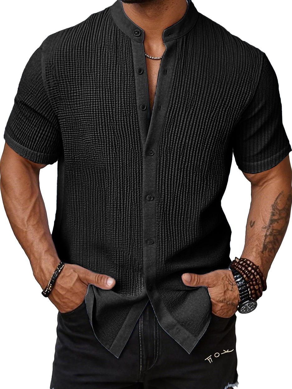 Men's Fashion Casual Bubble Wrinkle Fabric Stand-up Collar Short-sleeved Shirt