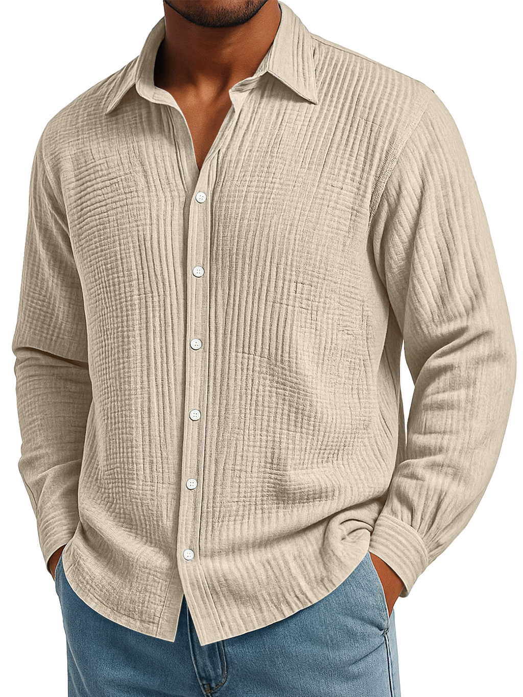 Men's Daily Pleated Texture Loose Casual Solid Color Long-sleeved Shirt