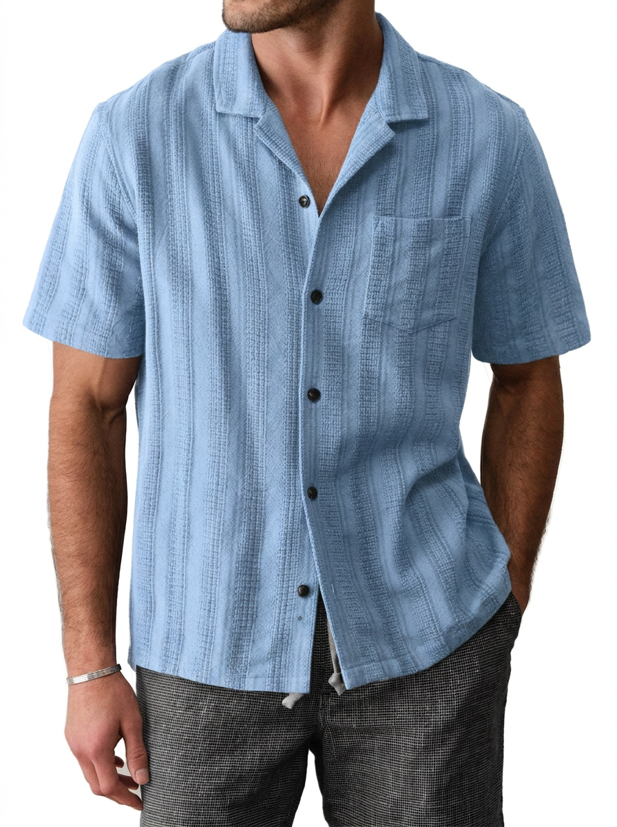 Men's Casual Breathable Comfortable Textured Jacquard Cuban Collar Shirt