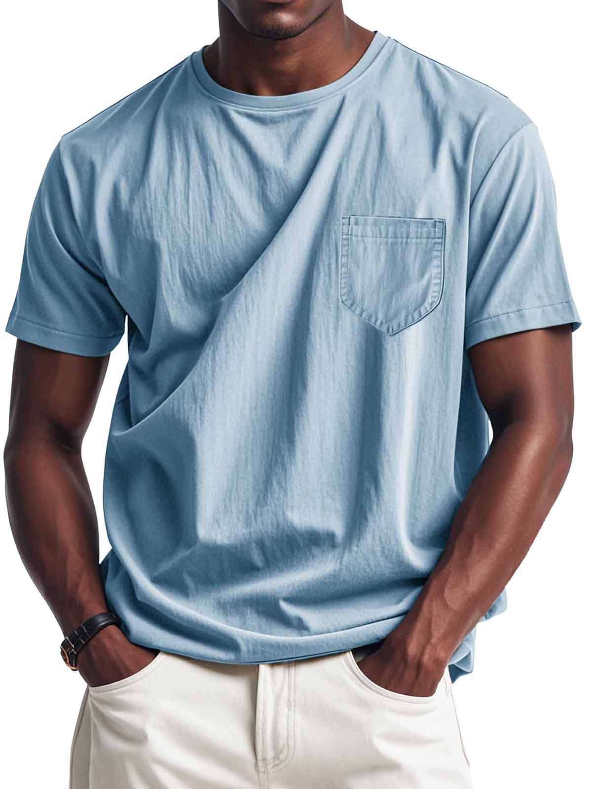 Men's Fashion Retro Casual Round Neck Pocket Long Sleeve T-Shirt